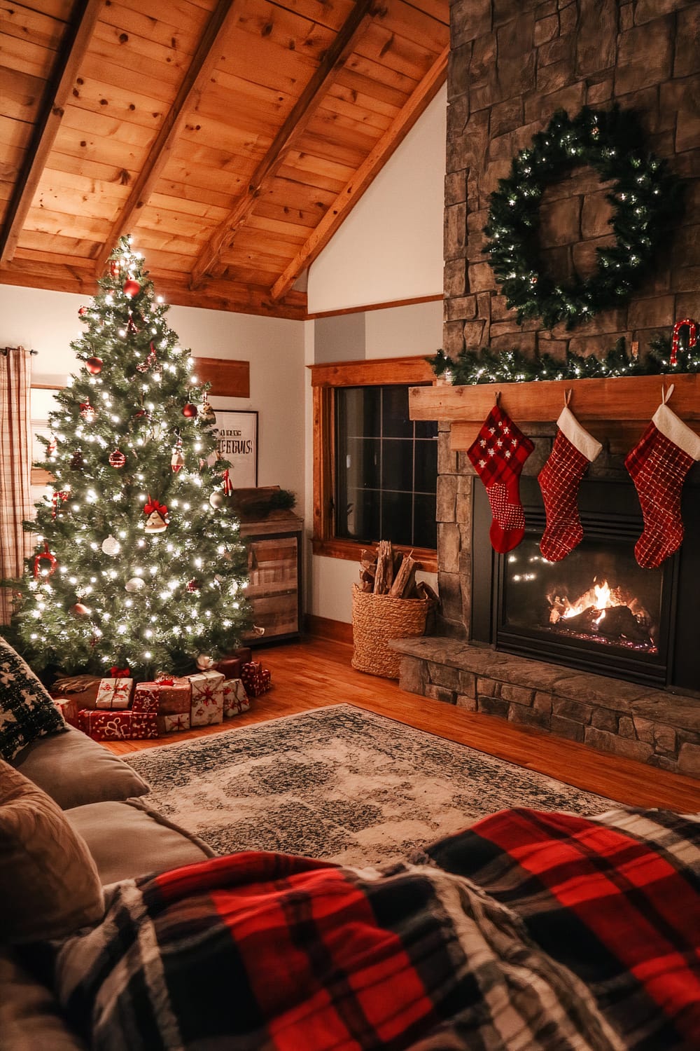 A warmly lit living room with a high vaulted wooden ceiling, showcasing a festive Christmas setting. On the left, a beautifully decorated Christmas tree adorned with twinkling lights, red and gold ornaments, and surrounded by wrapped gifts sits by a window with plaid curtains. To the right, a rustic stone fireplace is adorned with a lush wreath, a garland, and three red Christmas stockings hanging from the wooden mantel. A cozy couch in the foreground is draped with a red and black plaid blanket, while a woven basket of firewood sits near the fireplace. The wooden floor and a patterned area rug add to the inviting atmosphere.