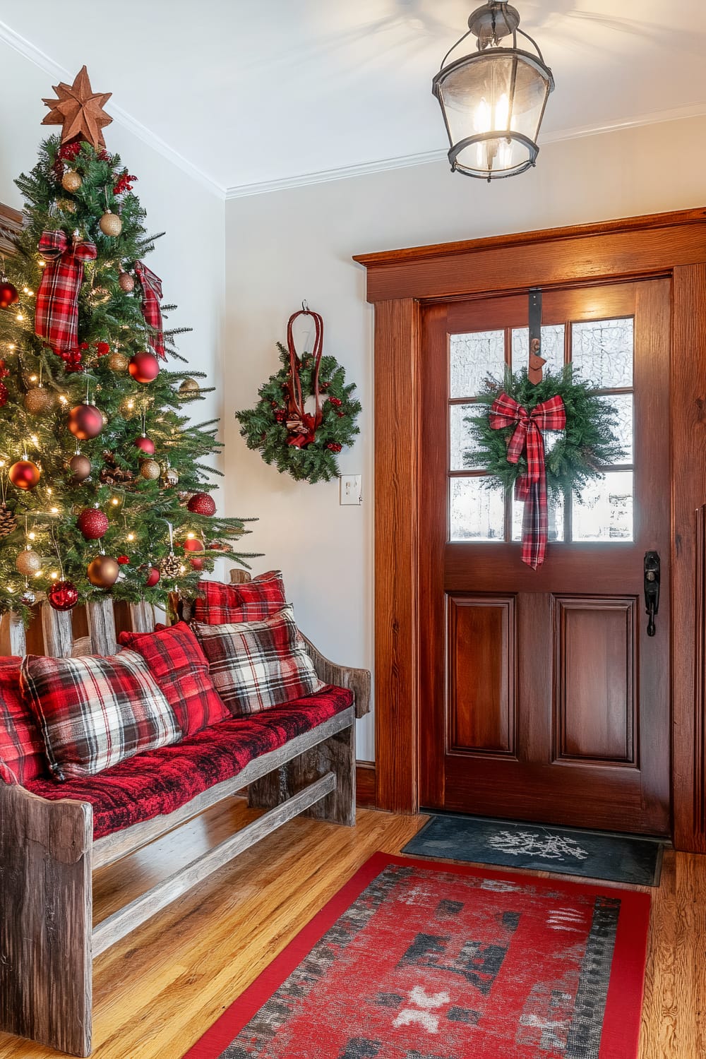 An entryway of a traditional old farmhouse decorated for Christmas. A vintage Christmas tree stands on the left, adorned with plaid ribbons and rustic ornaments, including red and gold baubles and pine cones. A wooden bench with festive red and plaid cushions is next to the tree. The doorway on the right features a wooden door with glass panels and is decorated with a wreath that has a plaid bow. Another wreath hangs on the wall near the tree. The floor has a red patterned rug, and overhead hangs a warm pendant light.