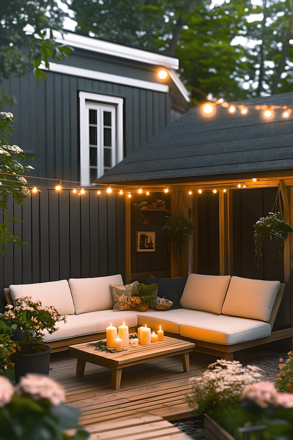 A petite patio space exhibiting a compact L-shaped white sectional sofa flanked with cushions and throws, a rustic wooden coffee table topped with luminous candles and lush green foliage, and string lights sprinkled above for a warm and tender ambience. Framing this secluded spot are vibrant plants and flowers in hushed hues of pink and green, with a narrow pathway leading to this tranquil oasis.