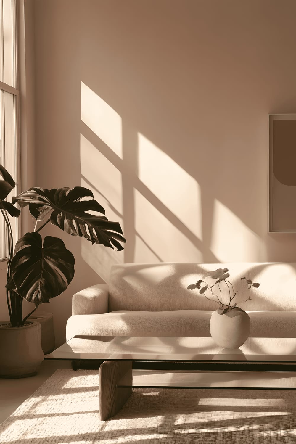 A bright, modern living space featuring soft blush pink walls. A minimalist cream sofa is situated against one wall with an array of patterned cushions. In front of the sofa is a rectangular glass coffee table, atop which rests a trio of small decorative items. A large, rare Albino Monstera plant with luxuriant white and green leaves stands out as a focal point in the room. The light filtering in through a window to the left contributes to an overall serene and elegant ambience.