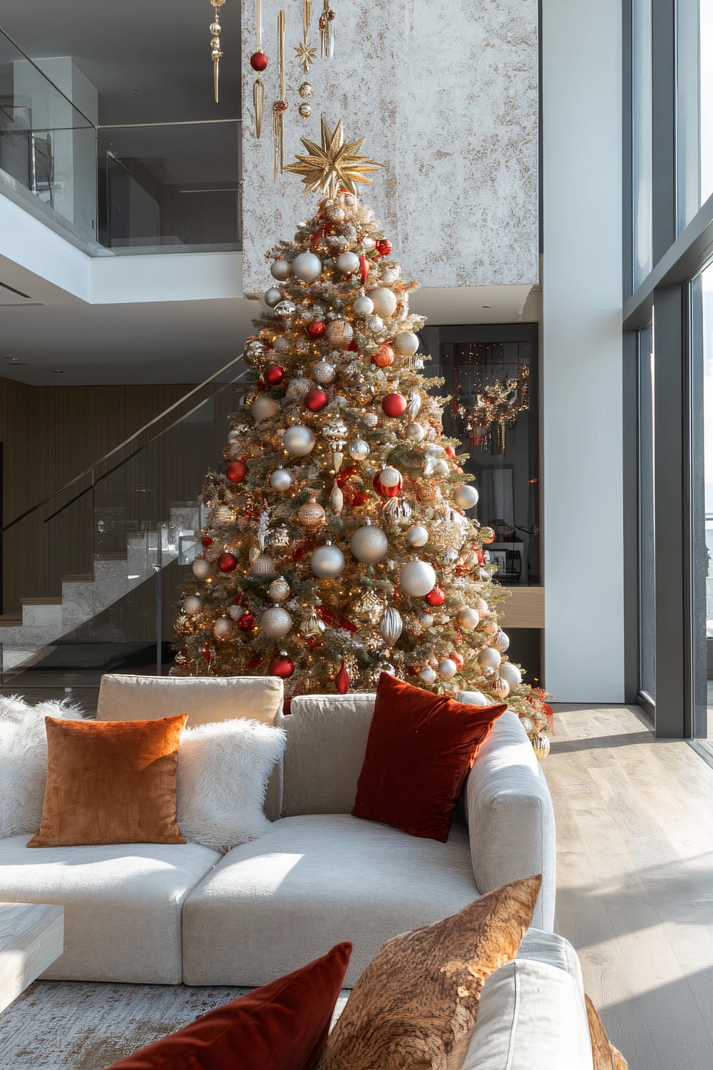 A luxurious, modern living room features a grand, opulently decorated Christmas tree. The tree, adorned with an array of large gold, silver, and red ornaments, stands tall near a vast, floor-to-ceiling window that allows natural light to flood the room. A minimalist glass railing staircase ascends in the background. The seating area includes a plush, off-white sectional sofa accentuated with rich, velvet throw pillows in shades of burnt orange and white faux fur, enhancing the holiday ambiance.