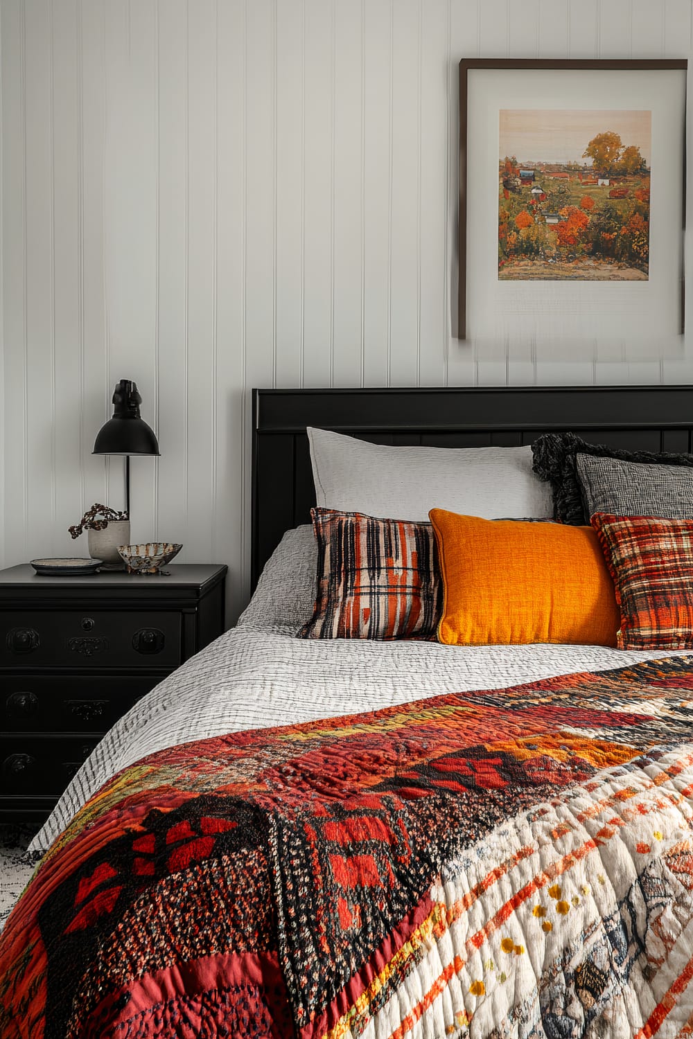 A bedroom scene featuring a bed with a black headboard, adorned with gray and plaid pillows, and an orange accent pillow. The bedspread is a patchwork quilt with red, black, and white patterns. Next to the bed is a black nightstand with a black lamp and a small decorative bowl. Above the bed, a framed painting depicting an autumn landscape hangs.