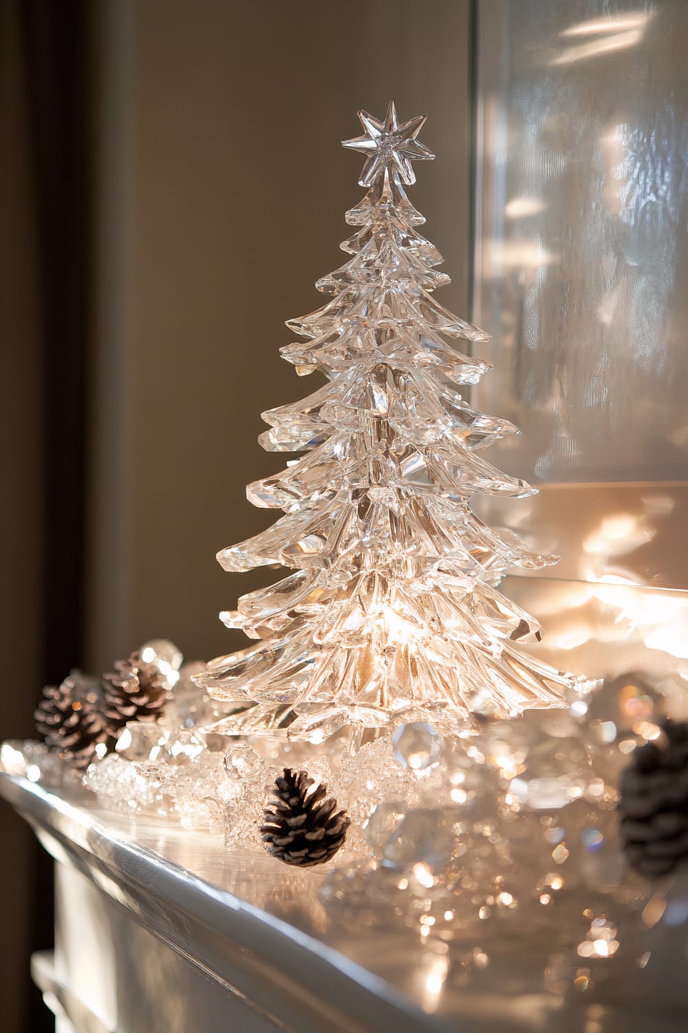 An intricately designed crystal Christmas tree adorned with a star on top is lit with warm illumination, casting reflections on a nearby wall. The tree is surrounded by small pine cones and sparkling crystal ornaments on a white surface.