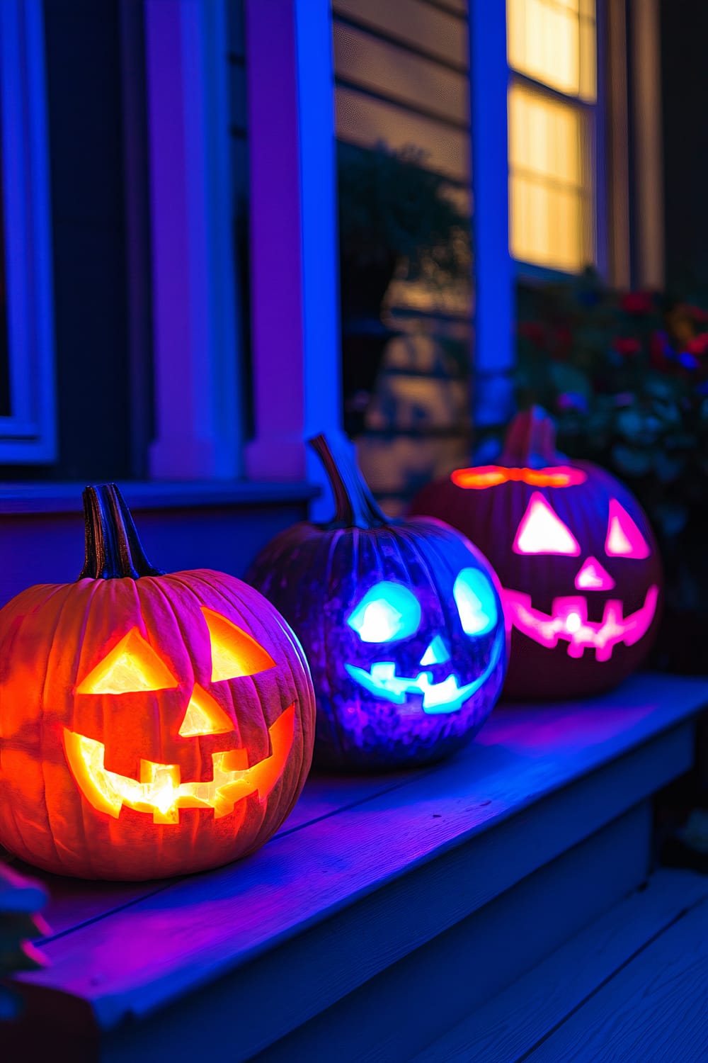 Three illuminated jack-o'-lanterns are placed on a porch step. The pumpkins feature carved out faces and are lit inside with different colored lights: orange, blue, and pink. The background shows the side of a house with a lit window and some plants under a moody, blue-toned lighting.