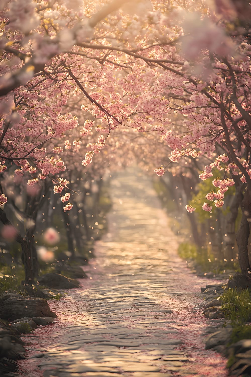 A captivating image of a cherry orchard scene at sunrise. The trees are in full bloom with branches thickly cloaked in delicate pink and white cherry blossoms. The ground is dusted with fallen petals, making the stone pathway appear like a white-pink carpet. The soft golden hues of the morning sun filter through the branches, casting an ethereal glow on the entire scene.