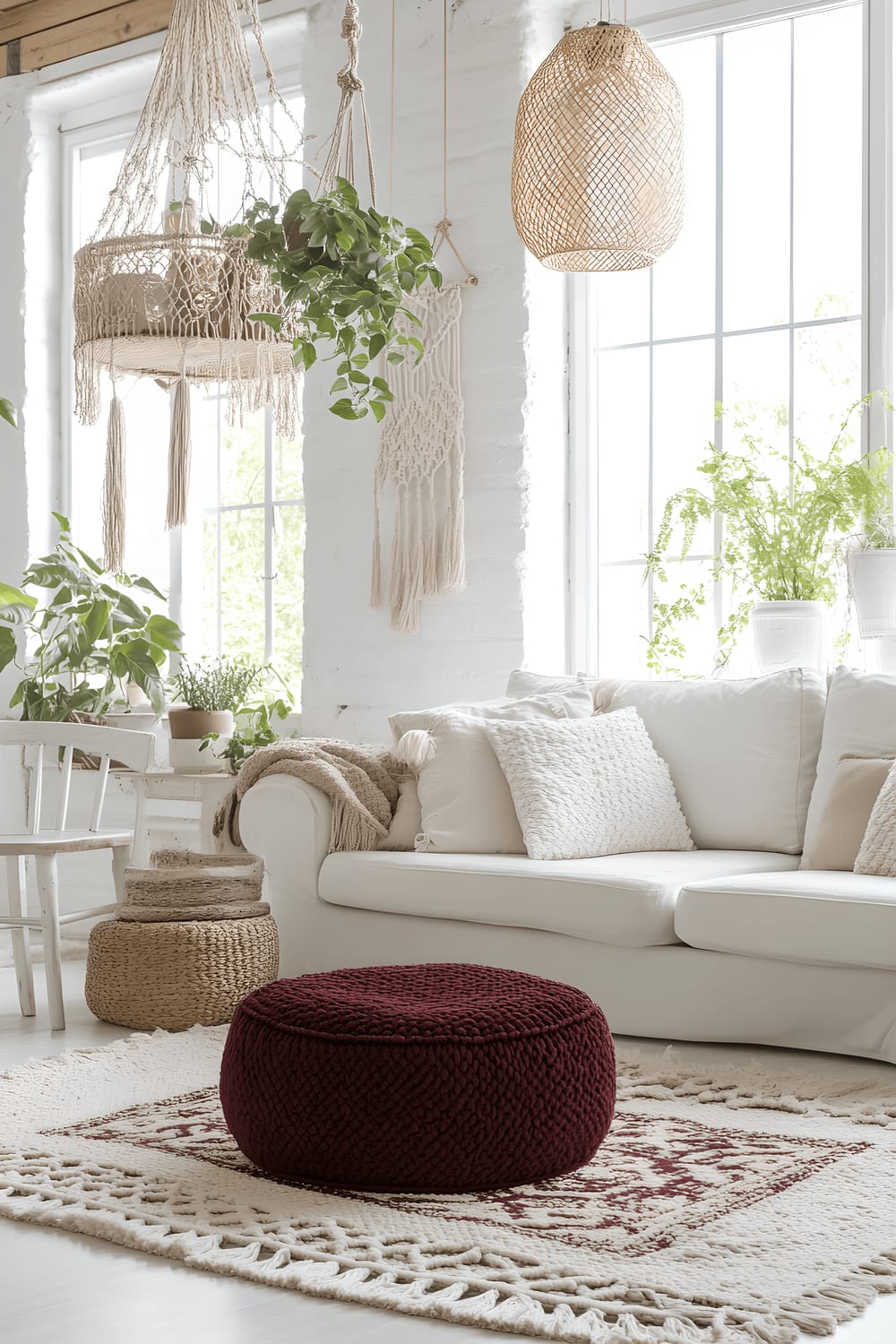 A bright, bohemian-inspired living room with all-white layered textures. The space is furnished with white rattan chairs and white woven rugs. The white decor blends seamlessly with the macramé wall hangings. The room is vivified by various indoor plants including hanging ivy in white pots, contributing to a lush and natural feel. A focal point is a rich burgundy pouf resting in the center of the room. Natural light from the windows shines upon it, augmented by the warm glow from white, woven pendant lights.