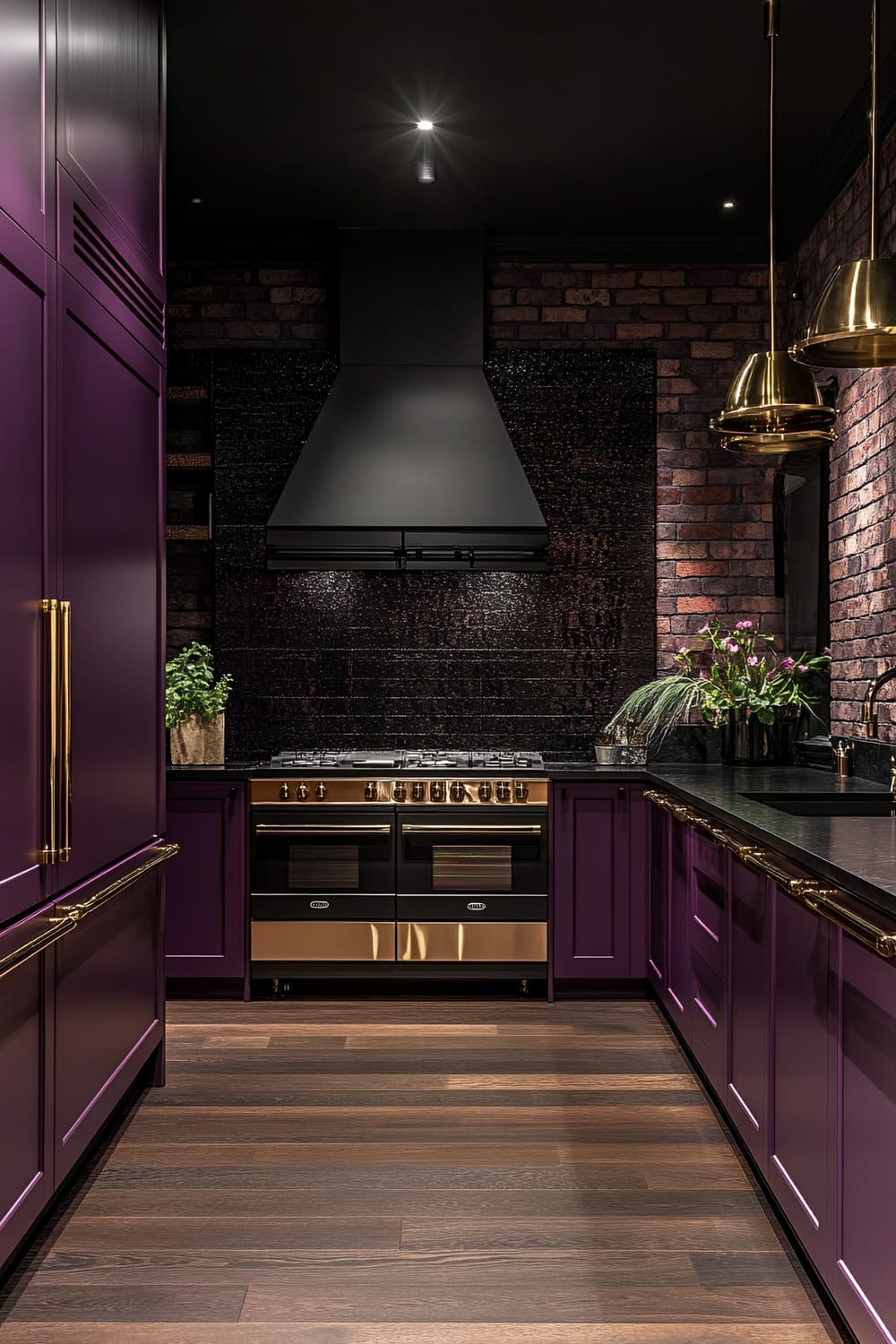 A richly decorated kitchen featuring deep aubergine cabinetry, glossy black countertops, and a large black range with brass detailing. The cabinetry is equipped with integrated panels, including a refrigerator, and adorned with bold gold pendant lights. The backsplash is made of textured brick and complemented by antique brass hardware. The space also includes a modern range hood and dark wood flooring.