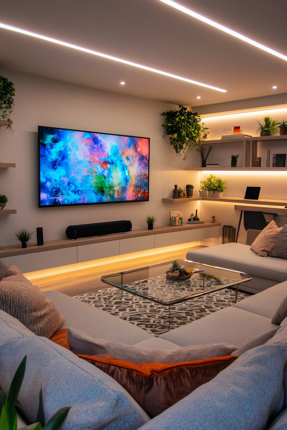 A modern living room featuring a sleek L-shaped sofa in gray with orange and brown accent pillows. A mounted flat-screen TV displays a colorful abstract image, surrounded by floating shelves with plants and minimalist decor. Below the TV, a cabinet with ambient under-lighting holds small plants and speakers. A slim, glass-top coffee table sits on a geometric patterned rug in front of the sofa. The ceiling has smart lighting strips offering customizable ambiance. A small desk setup with a laptop is visible in the corner, making the room multifunctional. A single, vibrant abstract painting adds a pop of color to the neutral-toned space.