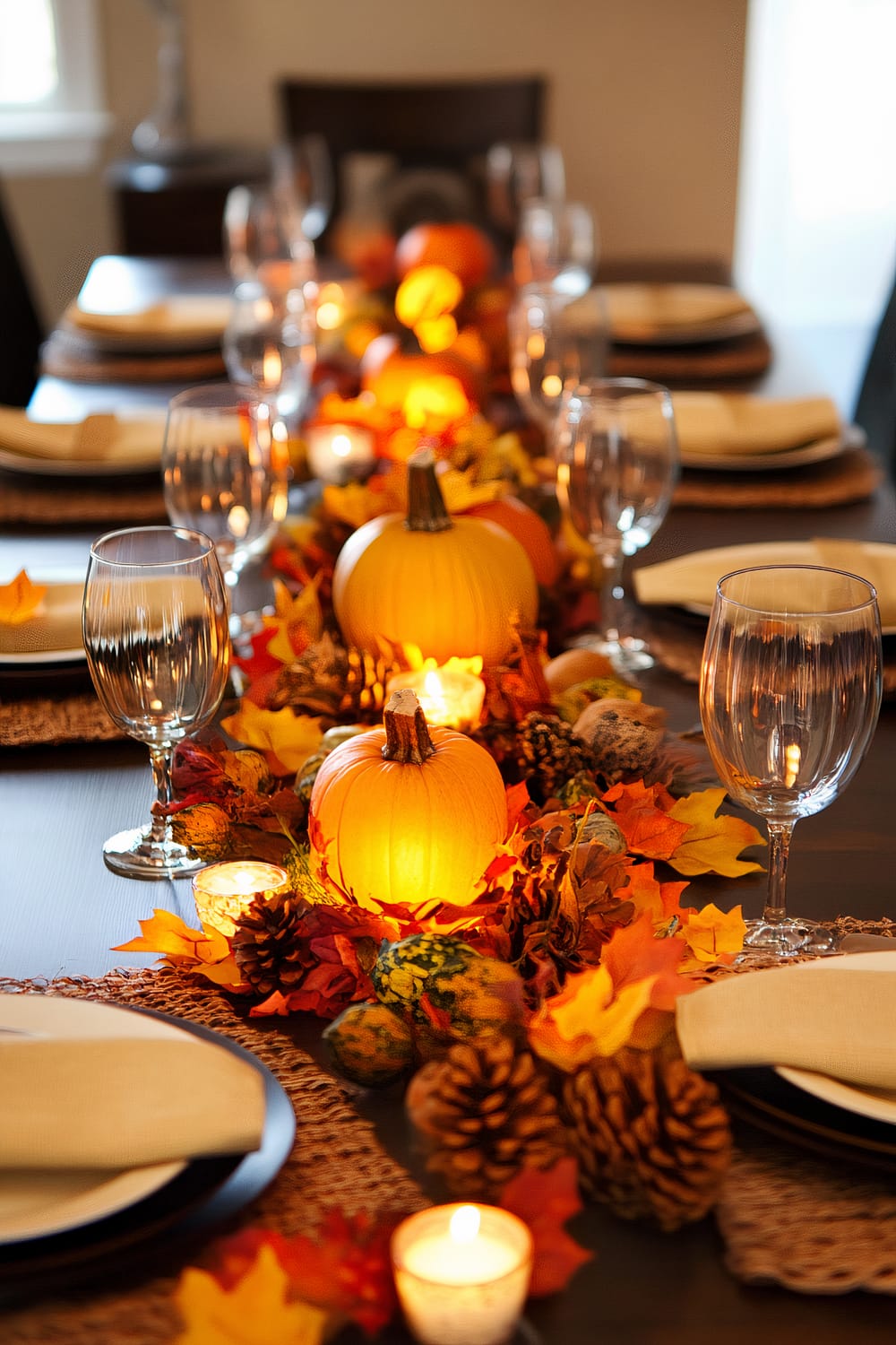 A dining table set for a meal, decorated with a fall-themed centerpiece. The centerpiece features small pumpkins, pine cones, and autumn leaves in vibrant shades of orange, yellow, and red. The table is set with glassware, white plates, and brown woven placemats. Small tea light candles are scattered along the centerpiece, adding a warm glow.