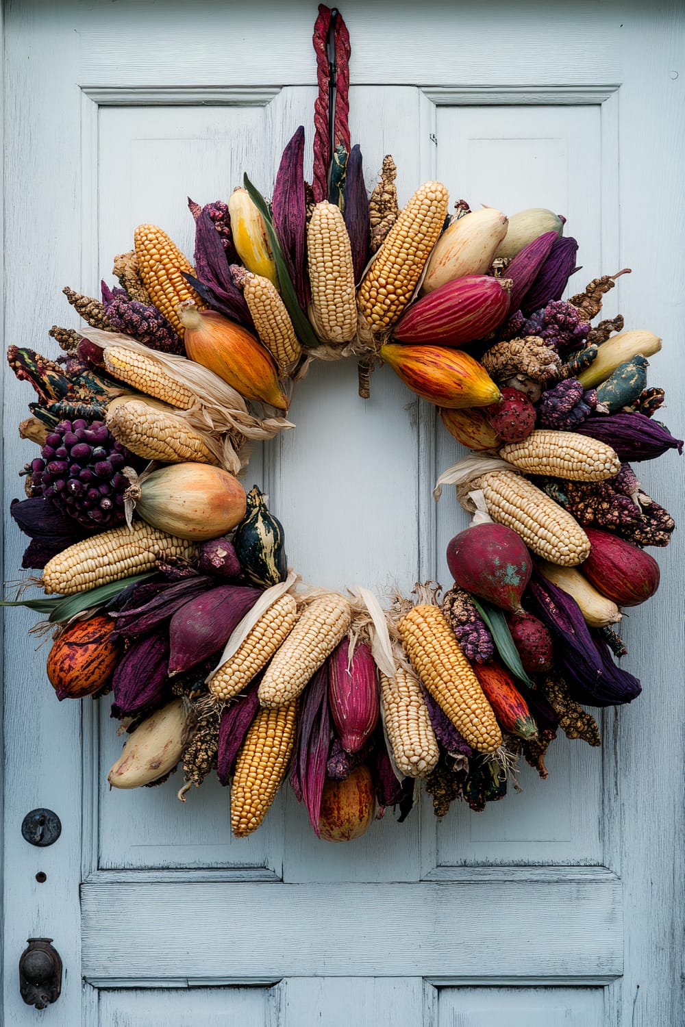 A vibrant wreath made of assorted dried corn cobs and other dried vegetables and fruits is hung on a weathered, light gray door. The wreath prominently displays a variety of colors including yellows, reds, purples, and greens, symbolizing an abundant harvest. The dried corn, with husks partially intact, surrounds the circular form, creating a festive and rustic decoration.