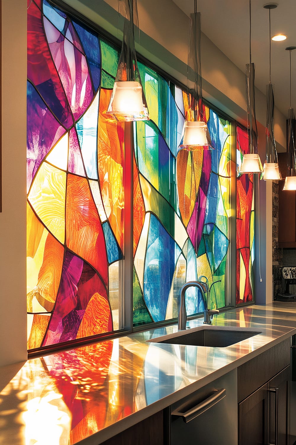 A modern kitchen illuminated by natural light streaming through oversized stained glass windows featuring vibrant, abstract designs in colors like red, blue, yellow, green, and purple. The stained glass casts colorful patterns on the countertops and walls. The kitchen features sleek, dark cabinetry and polished countertops, with contemporary pendant lights hanging above the counter.