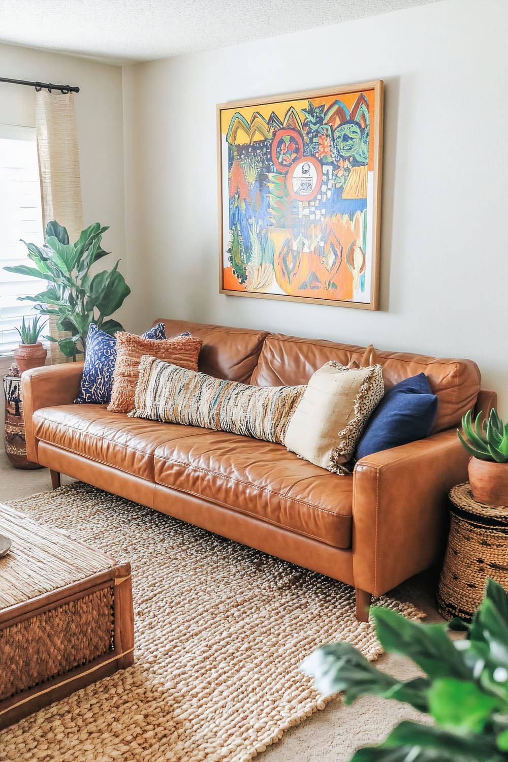 A living room with a modern bohemian style featuring a caramel leather sofa adorned with patterned throw pillows. Above the sofa, a bright, colorful art piece serves as a focal point. A woven jute coffee table sits in front of the sofa, and the space is grounded by a handwoven rug in soft earth tones. Indoor plants and wooden side tables with artisan pottery add life and texture to the room. Warm, ambient lighting creates a welcoming atmosphere.