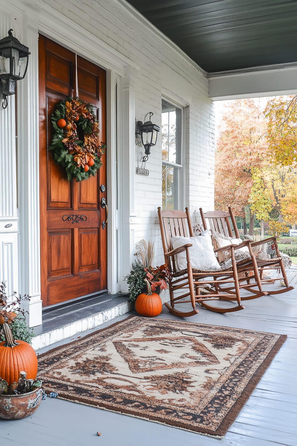 An inviting front porch of a white brick house features a polished wooden door adorned with a festive wreath of autumn leaves, pumpkins, and greenery. Adjacent to the door are two classic wooden rocking chairs resting on a weathered gray wooden floor. The porch is decorated for autumn with pumpkins, potted plants, and a richly patterned area rug in warm earthy tones. A black wrought-iron lantern sconce is mounted on the wall next to the window, enhancing the rustic charm.