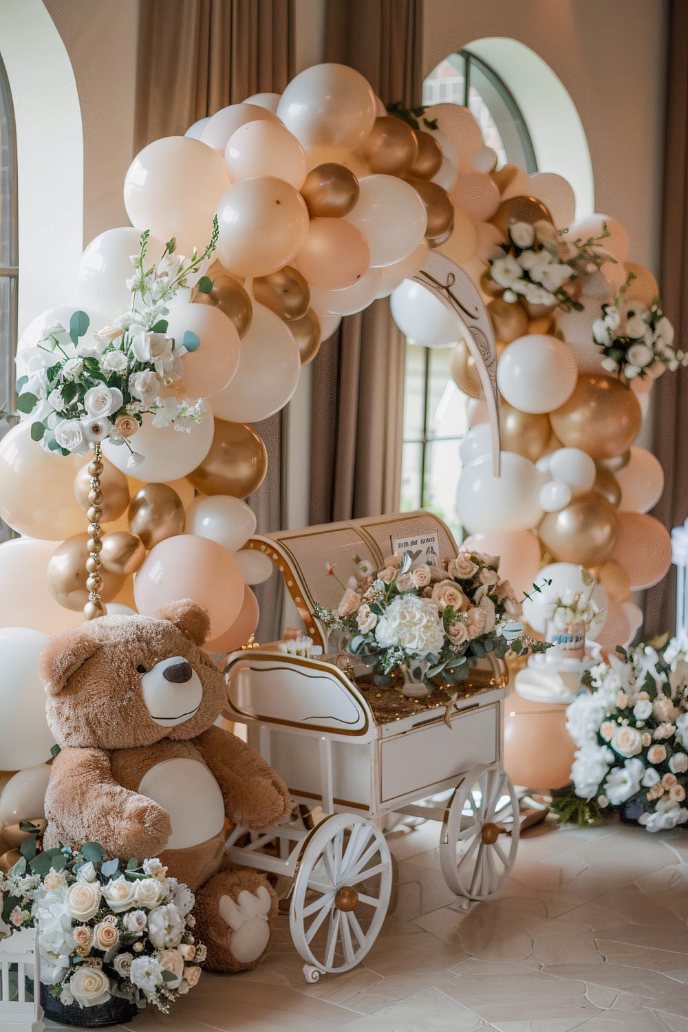 A charming decorative setup featuring a white and gold balloon arch, a large teddy bear, and an elegant white cart filled with white and peach roses. The balloon arch, containing a mix of white, peach, and gold balloons, frames a picturesque setting. The cart, adorned with flowing florals, stands on a tiled floor beside the stuffed bear, creating a whimsical and inviting display. The background includes floor-length curtains and arched windows.