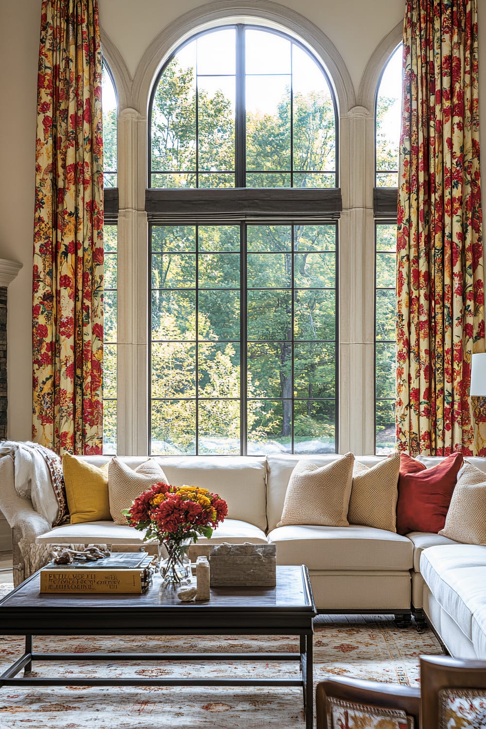 A spacious living room featuring large arched windows with black grid frames, offering a picturesque view of lush green trees outside. Vibrant floral red and yellow curtains frame the windows, contrasting with the neutral tones of the room. Centred in the room is a white sectional sofa adorned with beige, yellow, and red throw pillows, facing a dark wooden coffee table. The table is decorated with a vase of bright flowers, books, and decorative objects. The room also has a patterned rug underneath the furniture, adding to the elegant ambiance.