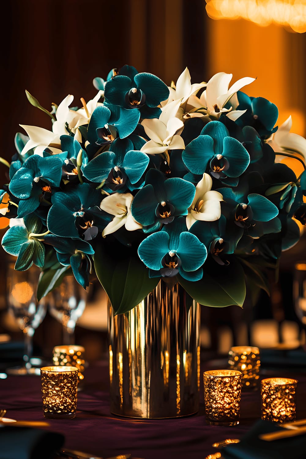 A sophisticated dining table centerpiece featuring a circular brass mirror base, on top of which sits a vibrant arrangement of teal orchids and white lilies. The mirror, reflecting the surroundings, adds depth to the composition. The centerpiece is placed on a rich, dark oak table covered with a burgundy tablecloth. The arrangement appears luminous, amid the ambient lighting, standing with subtle gold candleholders by its side.