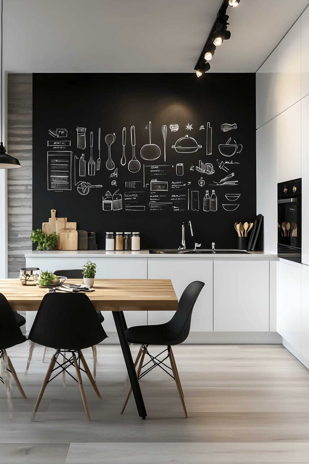 A minimalist monochrome kitchen featuring a sleek black chalkboard wall displaying simple white chalk icons of kitchen utensils and a weekly meal planner. The kitchen is fitted with stainless steel appliances and white cabinetry. Marble countertops and a streamlined dining area with black chairs complete the space. Bright overhead lighting illuminates the chalk accents, enhancing the modern and uncluttered aesthetic.