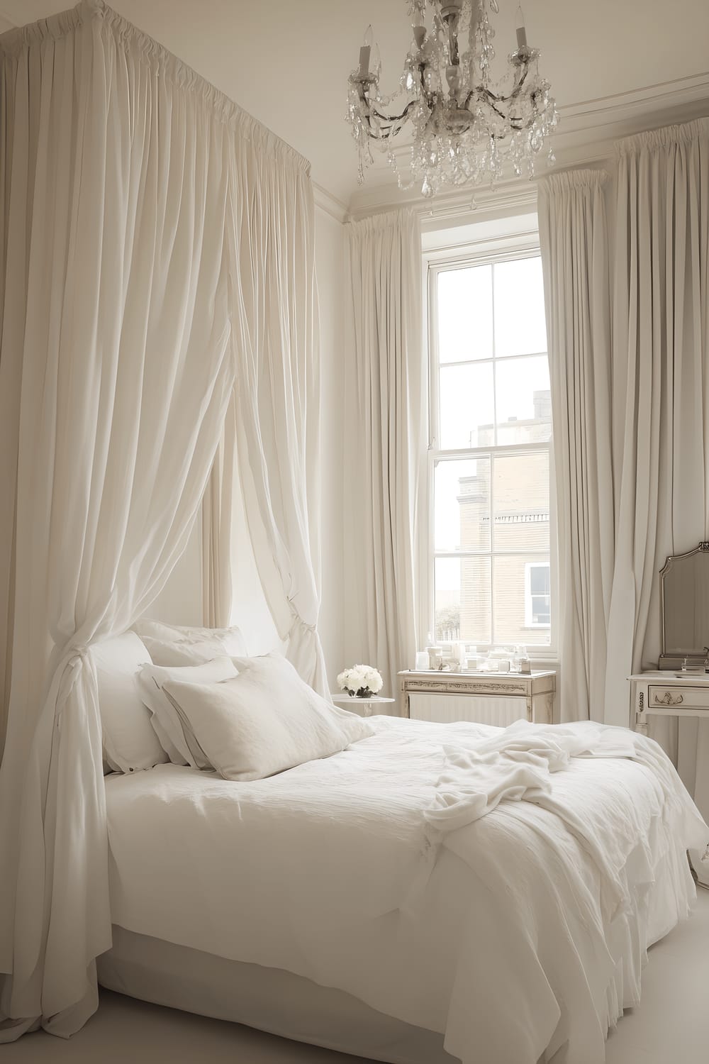 A romantic styled bedroom set in a London home with a canopy bed centered in the room draped with soft, white linens and delicate flower garlands strung along the edges. A vintage chandelier with crystal drops hangs from the ceiling, casting a warm glow over the room. A row of wide windows on the side of the room let in copious natural light, their sill adorned with small flower pots and their openings dressed with flowing curtains. A small, ornate vanity table paired with a classic circular mirror is positioned against the wall.