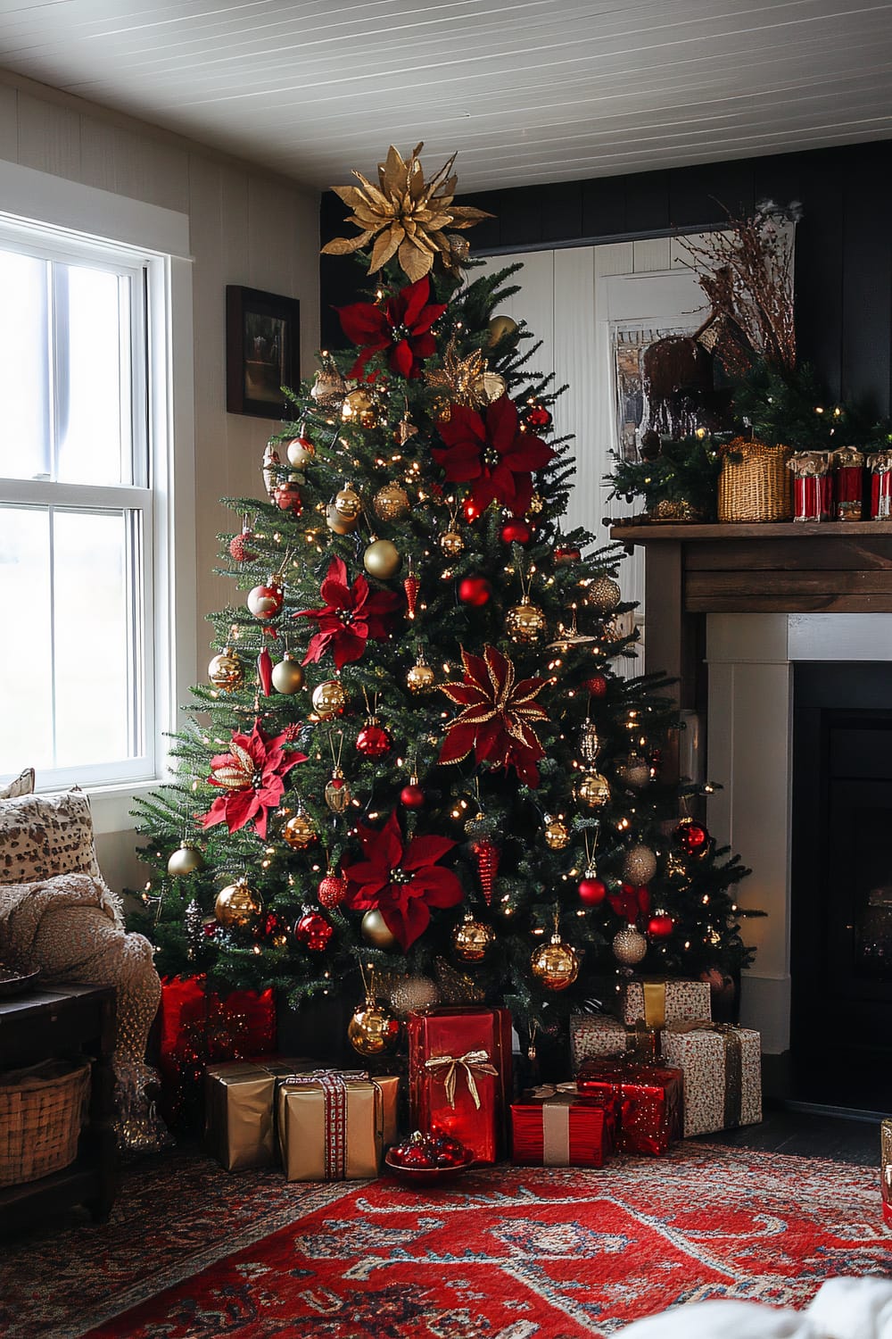 A festive living room scene featuring a beautifully decorated Christmas tree placed next to a window. The tree is adorned with a variety of red and gold ornaments, including large red poinsettias and gold ribbons. Beneath the tree, a collection of neatly wrapped gifts in red, gold, and patterned paper is arranged. In the background, there's a decorated mantel with greenery and candles, all set against a backdrop of light and dark wall panels.