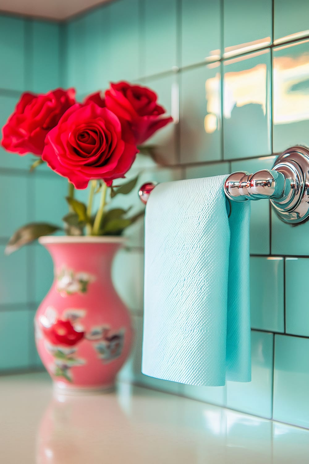 A close-up image of a retro kitchen countertop featuring a single chrome paper towel holder with a pastel blue paper towel roll. Next to it is a vintage ceramic vase holding two red roses. The backdrop consists of teal tiles, and the setting is brightly lit with an uncluttered yet decorative arrangement.