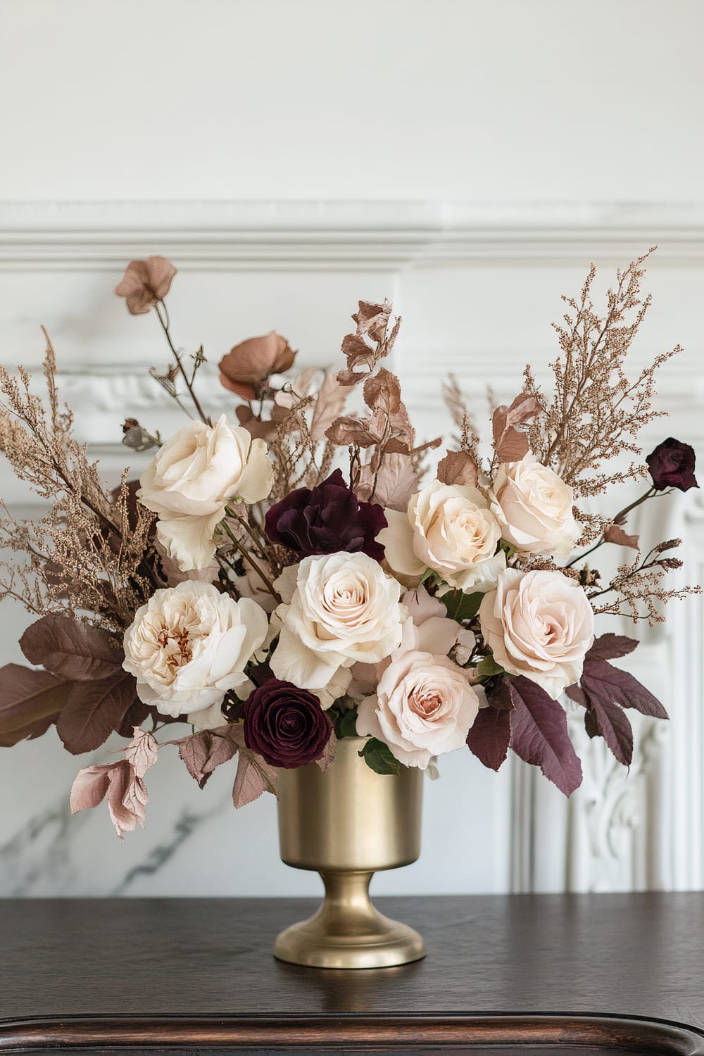 A detailed photo of an elegant floral arrangement set in a gold pedestal vase. The bouquet consists of cream, light pink, and deep burgundy roses, along with dried beige foliage. The arrangement is placed against a white ornate wall, which provides a classic backdrop. The flowers reflect refined beauty and subtle sophistication, with the dried elements adding a touch of rustic charm.