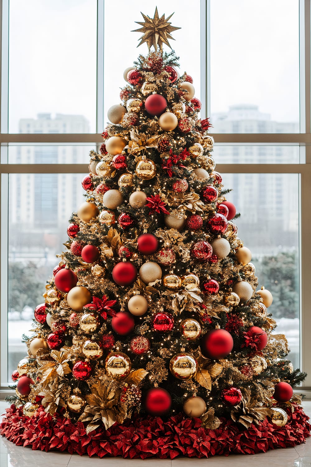 A tastefully decorated Christmas tree adorned with a mix of red and gold baubles in various textures and sizes, set in front of large windows. The tree topper is a golden star. The tree's skirt is a vibrant red fabric, resembling poinsettia petals. The background outside the windows shows a wintery cityscape with high-rise buildings.