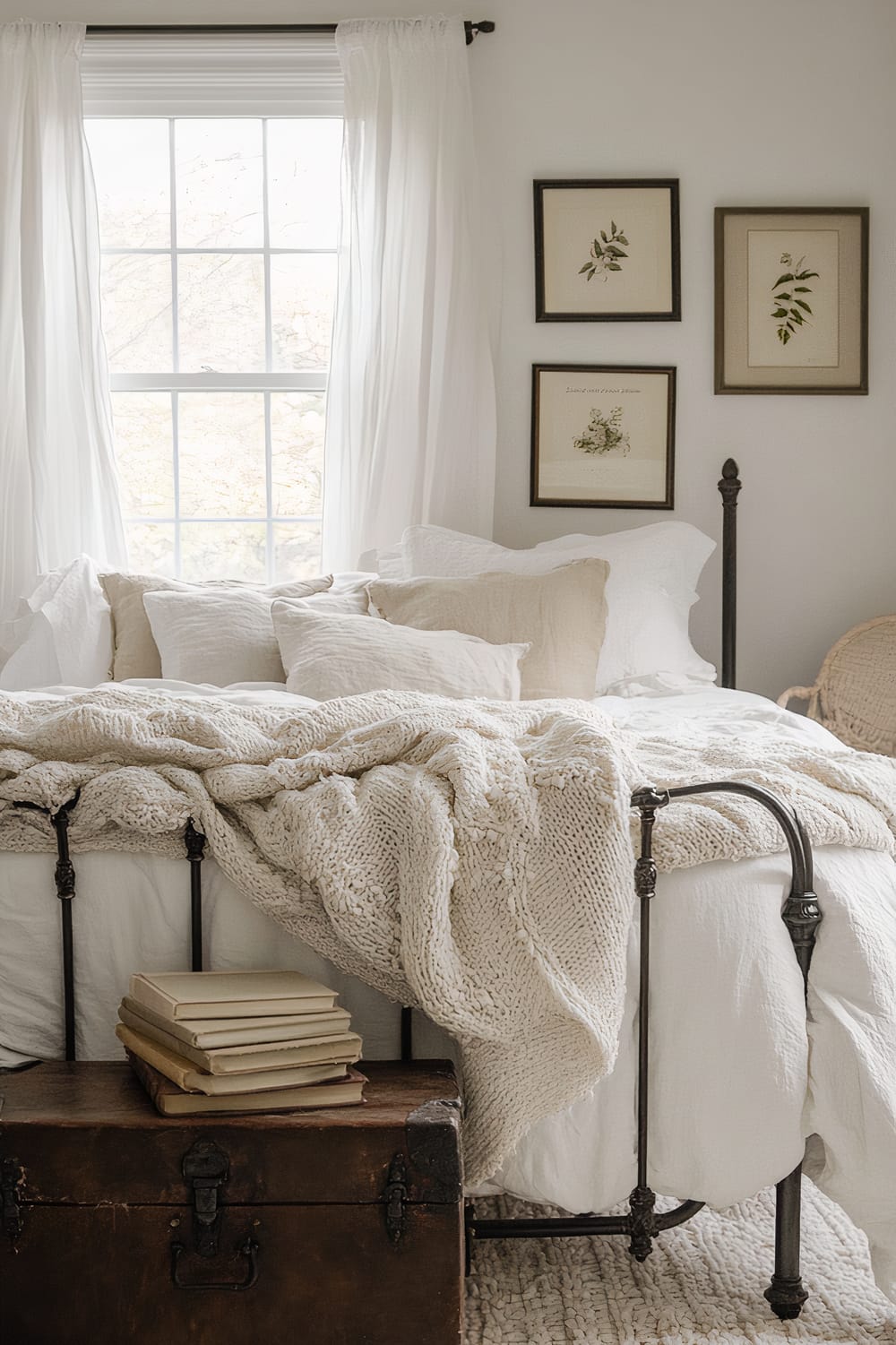 A bedroom featuring a wrought iron bed adorned with a heap of soft, white pillows and a chunky knit throw. An antique wooden trunk at the foot of the bed holds a stack of books. To the right, a rattan chair and a series of framed botanical prints adorn the white wall. Ethereal white curtains hang by the window, through which natural light streams in, creating a serene and inviting atmosphere.