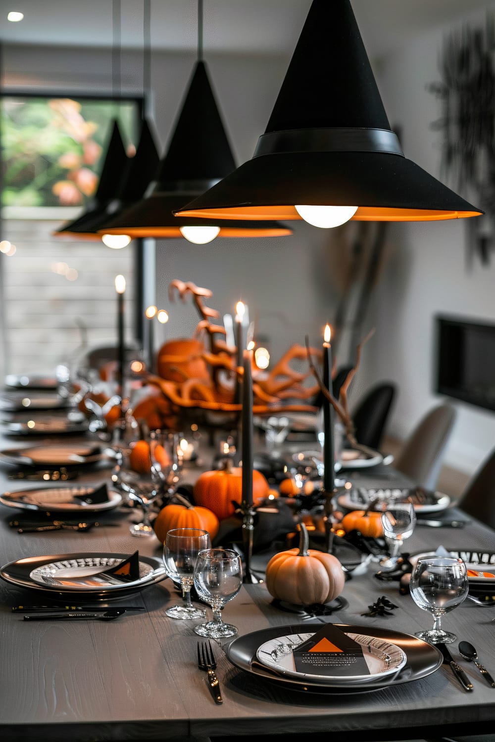 A dining table set for a Halloween-themed dinner, featuring three pendant lights shaped like witch hats. The table is decorated with small pumpkins, black candles, and plates arranged with Halloween-themed cards. The ambiance is dark and festive, with attention to detail in every element presented.