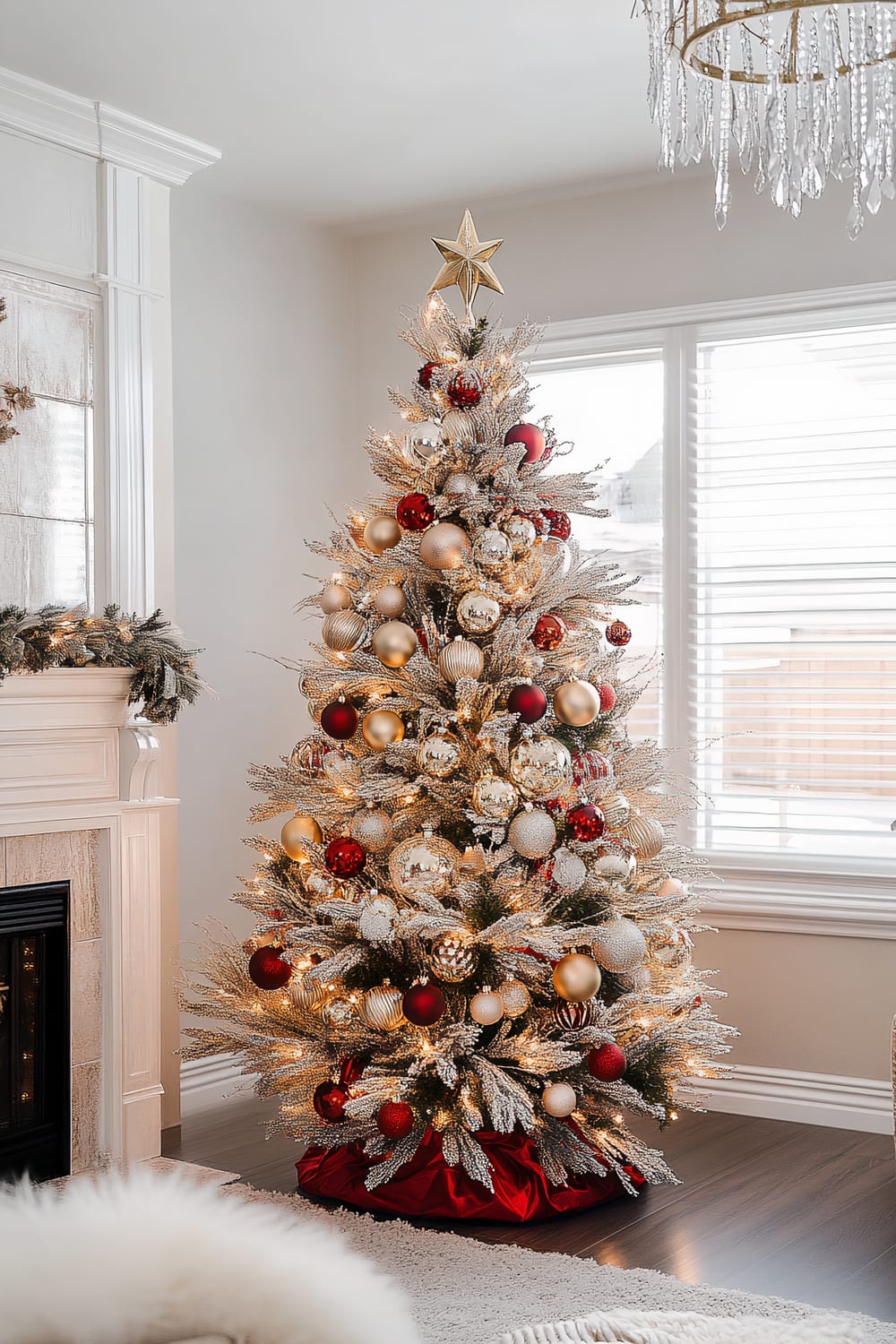 A beautifully decorated Christmas tree adorned with an assortment of gold, silver, and red ornaments sits in a bright and elegant living room. The tree is topped with a golden star, and its branches are illuminated by warm white lights. The tree base is wrapped in a red fabric, and to the left, there is a white mantel decorated with a green garland. A crystal chandelier hangs from the ceiling, and the room is filled with natural light from large windows behind the tree.