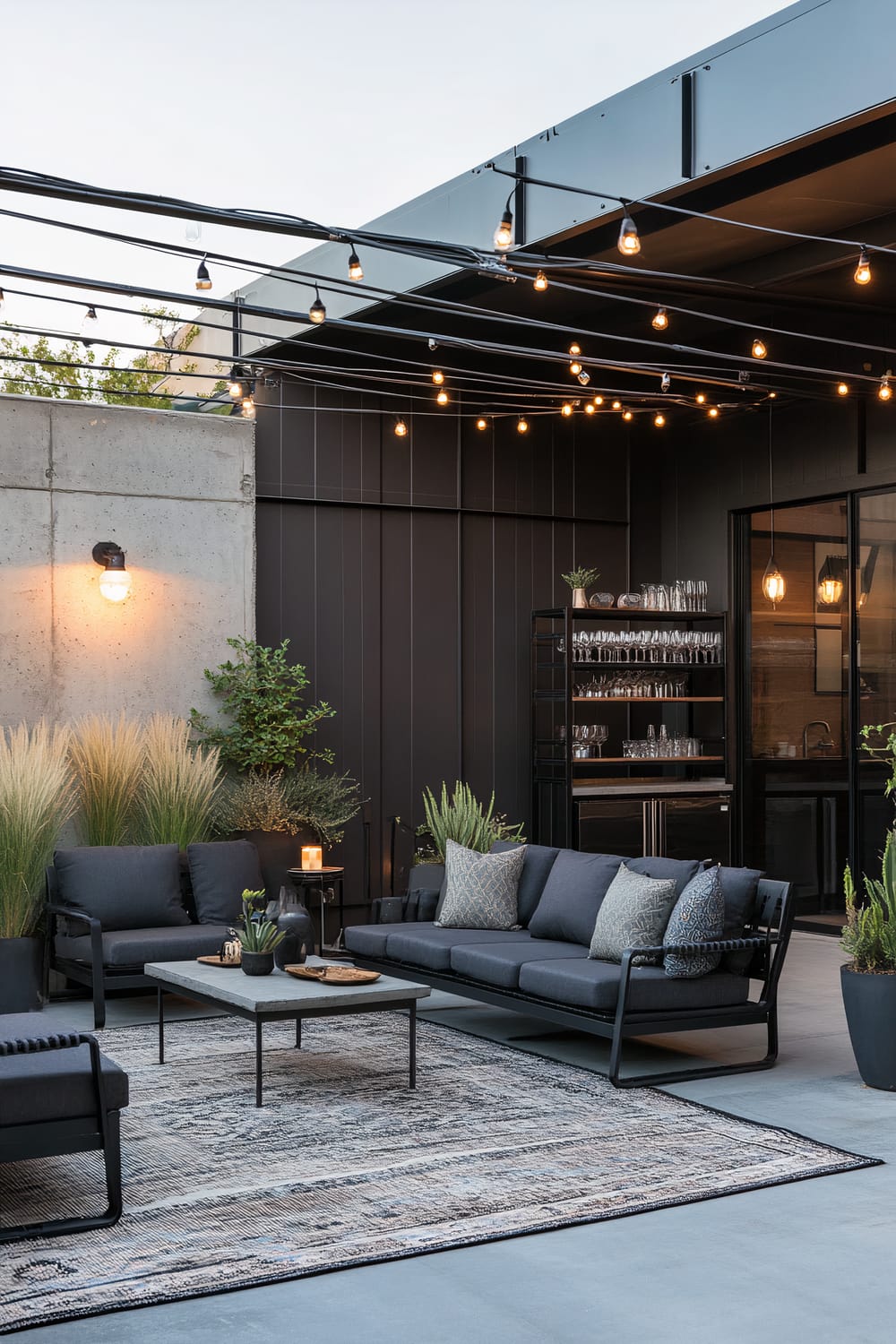 A modern outdoor patio area features dark gray cushioned seating around a rectangular coffee table on a patterned outdoor rug. Overhead, string lights are hung from a black pergola. One concrete wall with a mounted light has potted grasses and plants, while a glass shelving unit with glasses and a wine cooler is against a black paneled wall. Candle lanterns and decorative items add ambiance.