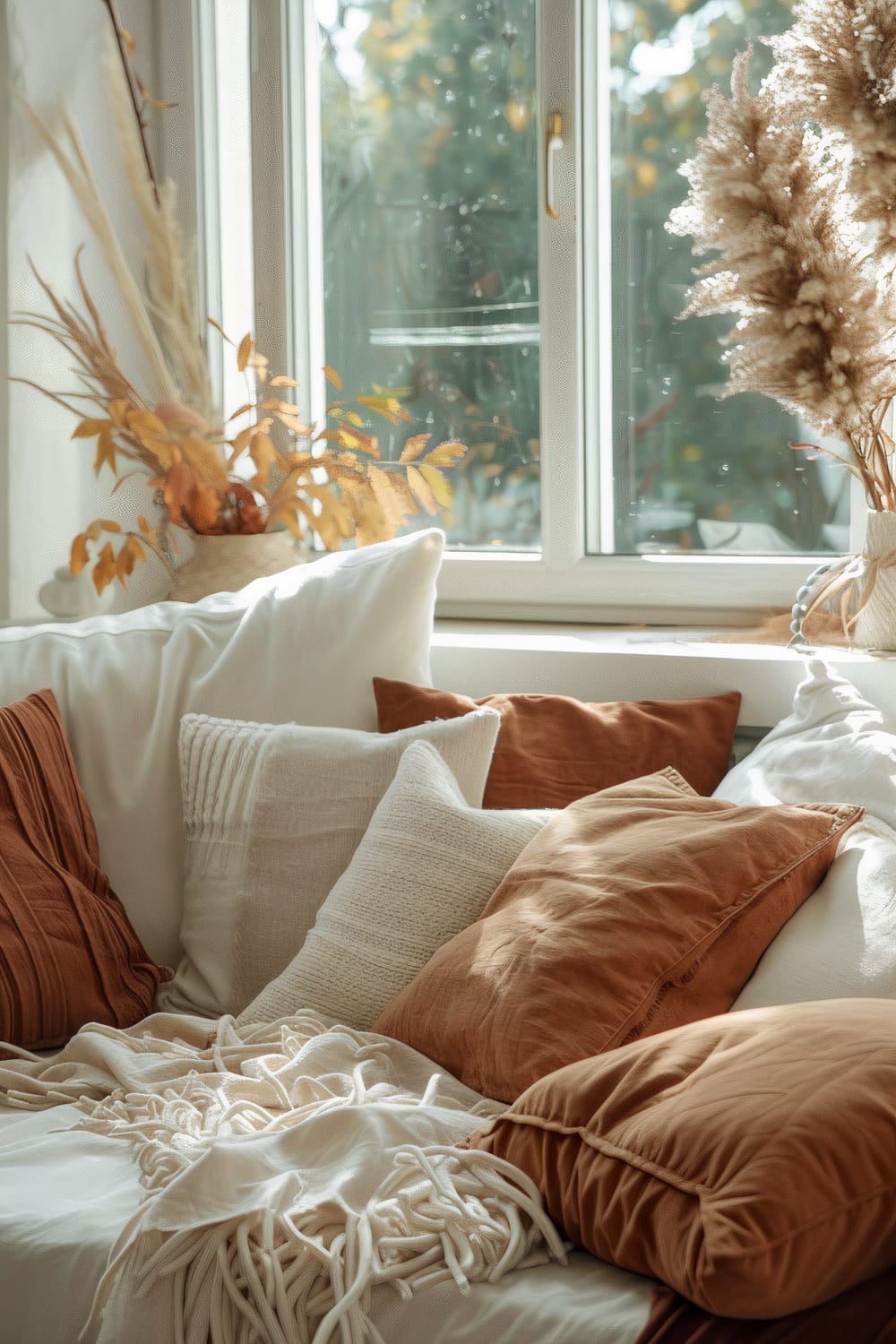 A cozy seating area by a bright window featuring a collection of rust and cream-colored pillows arranged on a white couch. Next to the window, there are vases with pampas grass and autumnal leaves, reflecting natural light.