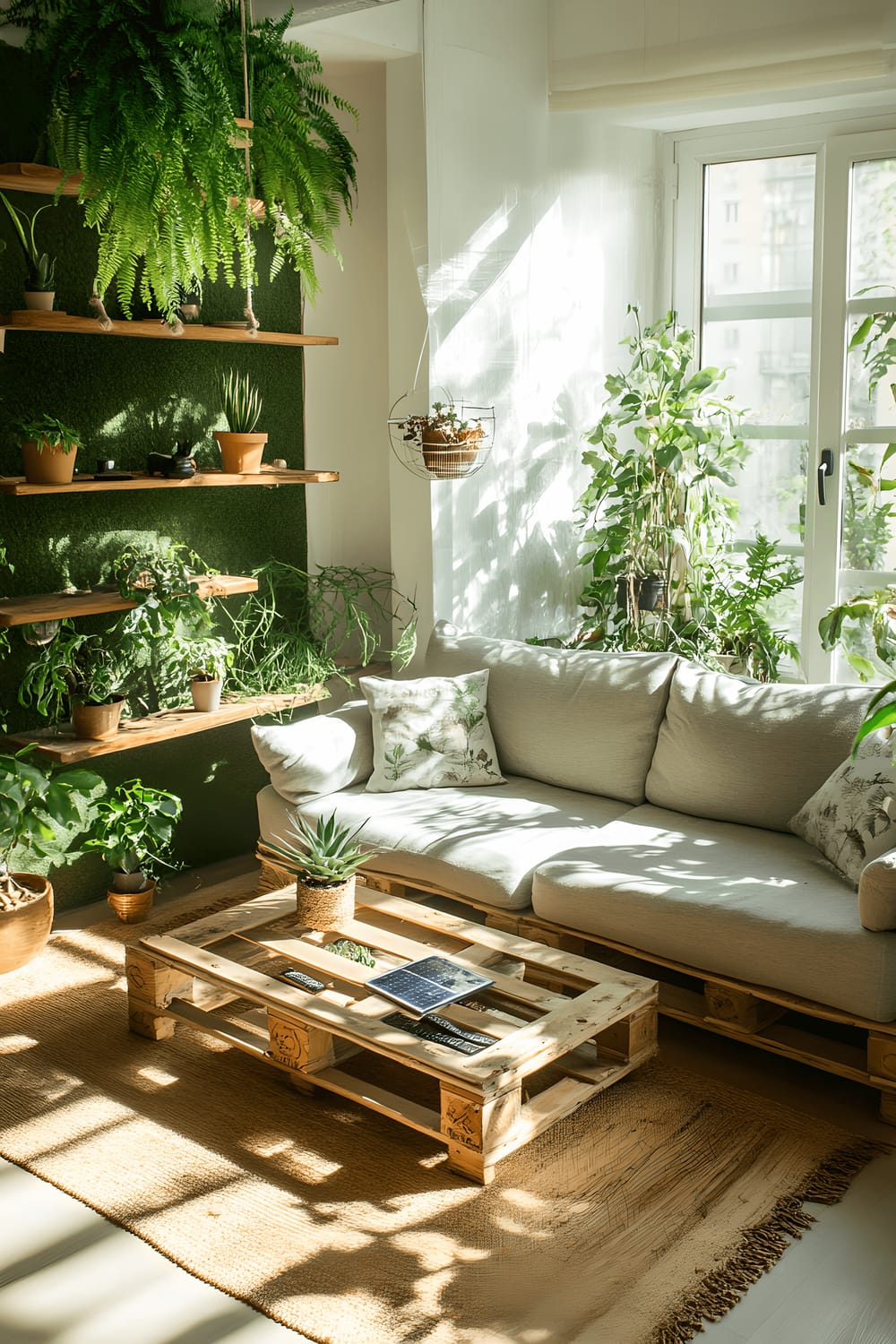 The image depicts a sustainable small living room bathed in abundant natural light from a large window. The furniture includes a sofa upholstered in recycled fabric, a reclaimed pallet wood and glass coffee table, and bamboo shelving units. The room features a vibrant living wall filled with a variety of ferns and succulents. Accent decor in the room, such as vases and books, are arranged on the bamboo shelves. A solar-powered lamp sits atop the coffee table.