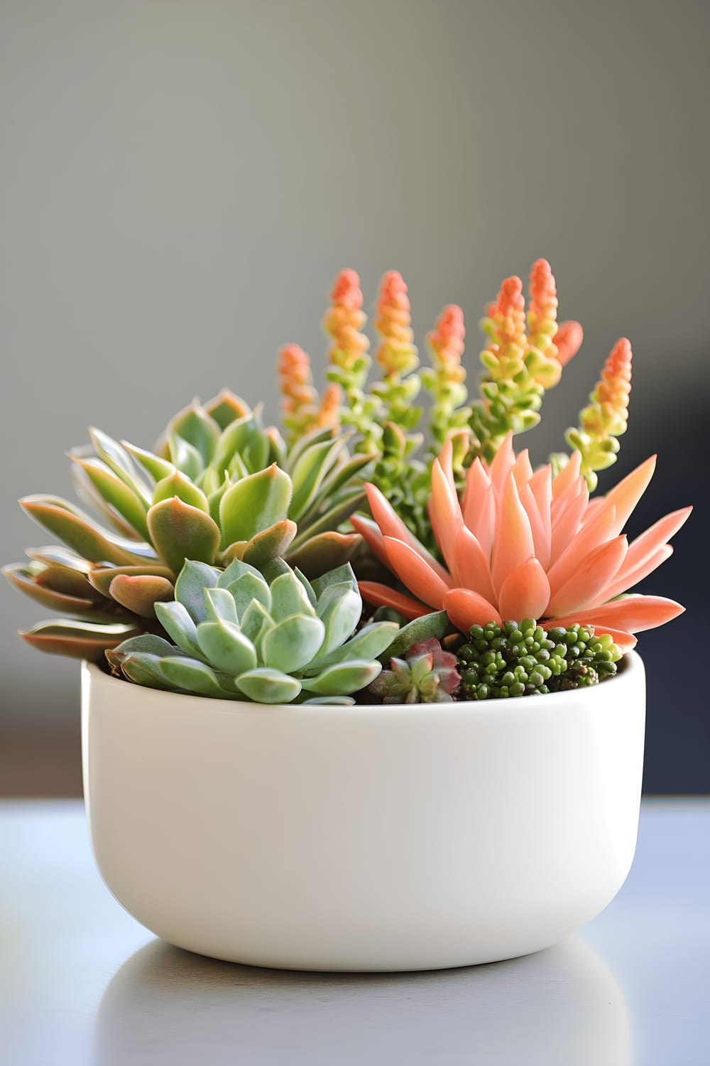 A close-up image of a modern succulent arrangement in a white ceramic pot, showcasing a variety of succulents with different shades of green and a vibrant red moon cactus.