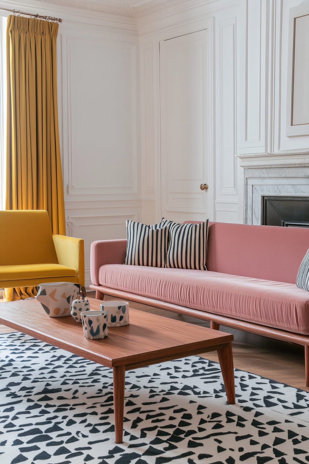 A chic living room with a pink velvet sofa and a mustard-yellow armchair adorn the space. In front of the furniture, a wooden coffee table holds abstract ceramics. Striped cushions rest on the sofa, and geometric-patterned curtains complement the attire. A black and white patterned rug underscores the arrangement, adding a lively yet refined touch.