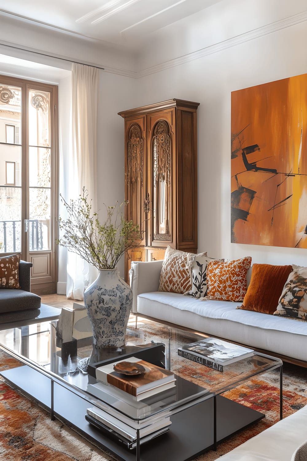 A vibrant living room presenting a fusion of Catalan decor and modern elements. Centered is a sleek glass coffee table featuring a Catalan lladro porcelain vase, neighbored by patterned cushions and a contemporary sofa in muted tones. On one side of the room, a vintage wooden armoire with intricate carvings enhances the traditional aesthetics, while a large abstract painting on the opposite wall brings modern colorfulness. Light streams through the room via large windows draped with light linen curtains, accentuating the variety of textures and colors present in the space.