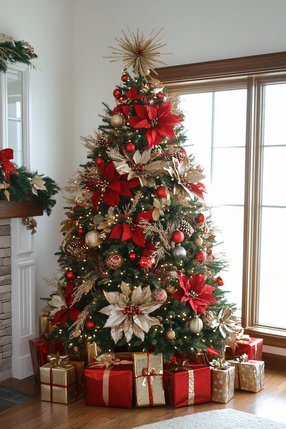 An elegantly decorated Christmas tree situated in a bright living room, garnished with red poinsettias, golden and red ornaments, and a golden starburst tree topper. Wrapped gifts in red and gold paper with bows are arranged under the tree. Adjacent is a stone fireplace adorned with holiday greenery and poinsettias.