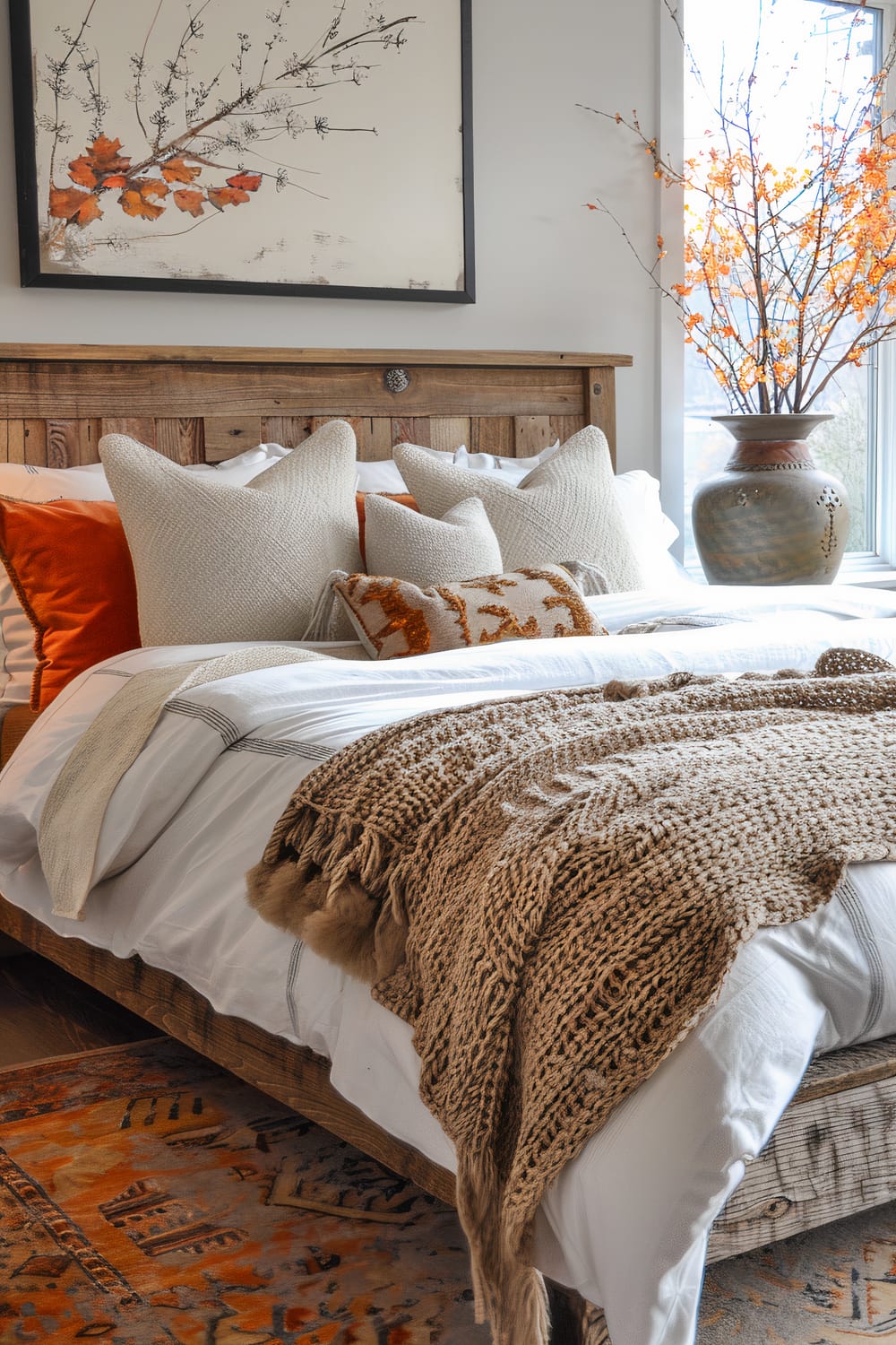 A cozy bedroom features a wooden bedframe with an assortment of pillows, including white, cream, and orange ones, and a decorative pillow with an autumn leaf pattern. A knitted beige throw blanket is draped over the bed. The background showcases a large framed artwork of bare branches with orange leaves, and a large ceramic vase with orange branches beside a window.