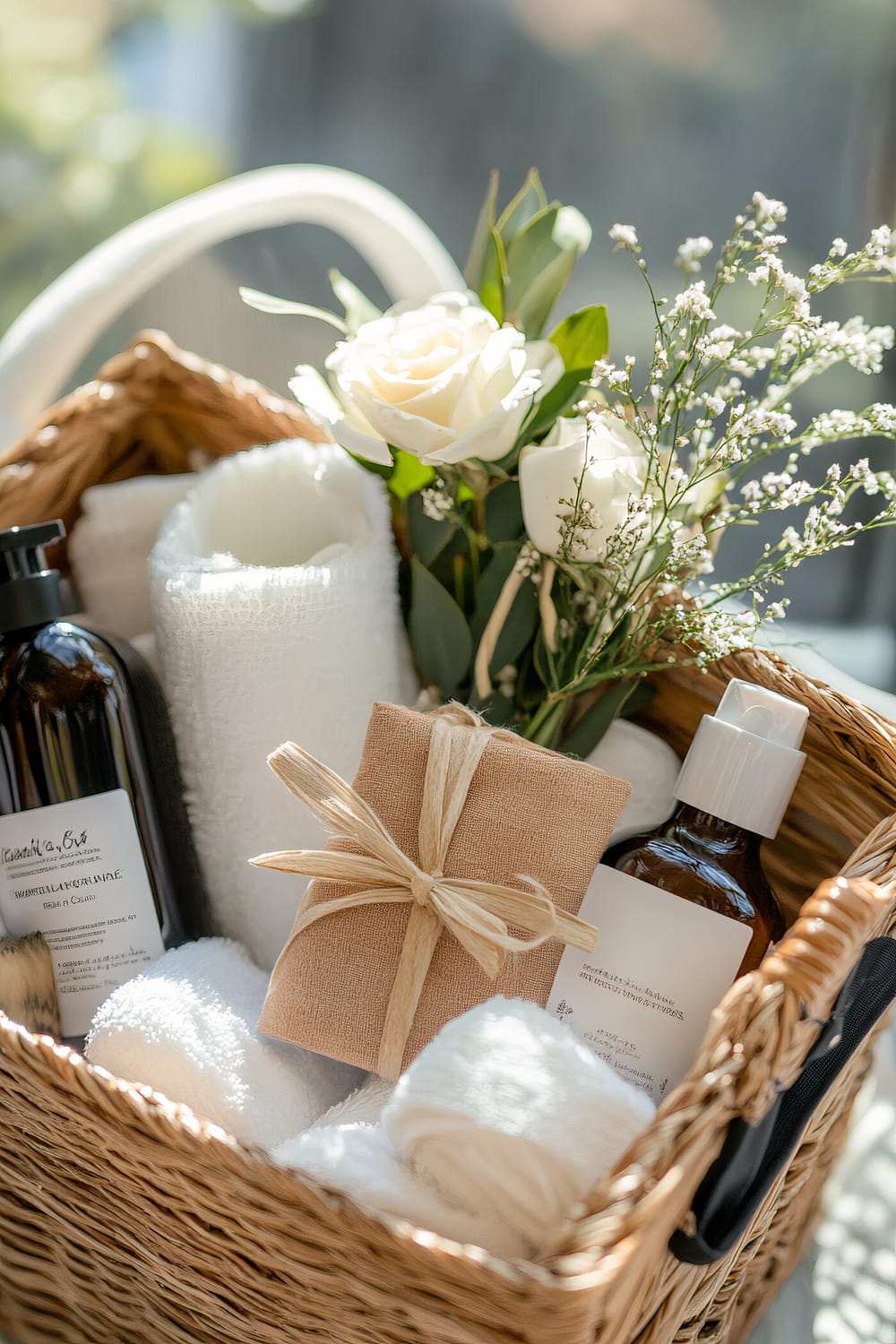 A wicker basket containing various spa and wellness items is shown in this image. Inside the basket, there are neatly rolled white towels, beauty and wellness products in bottles, and a small burlap-wrapped gift box tied with a twine bow. Additionally, the basket features a bouquet of white roses and baby's breath, adding a touch of elegance and freshness to the arrangement.