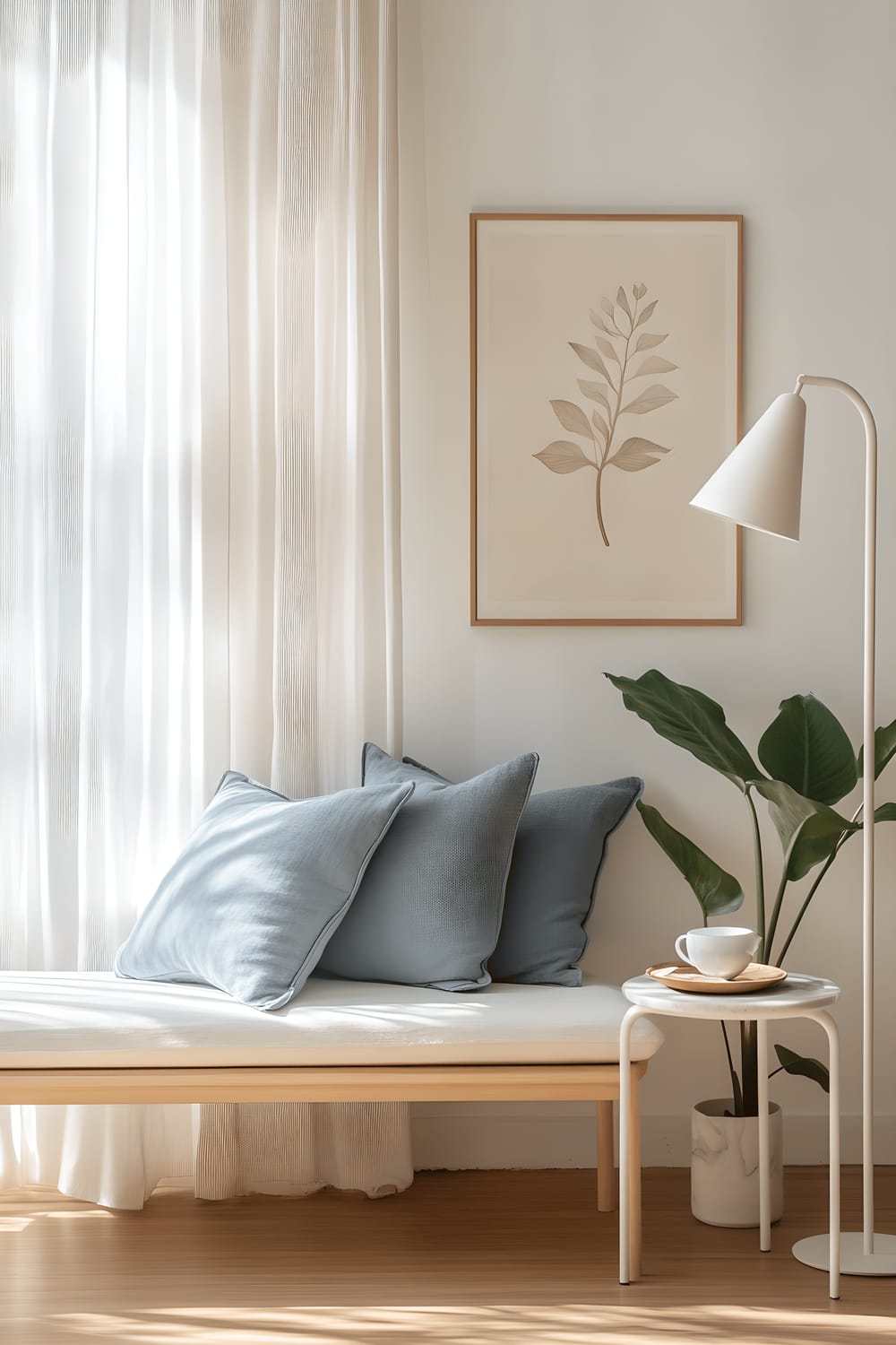 A luminous alcove with large white curtains mostly open to allow soft, golden sunlight in. The space features a simple birch wood bench with light blue cushions, positioned against a wall adorned with a single large botanical print. Adjacent to the bench is a minimalist white floor lamp with a natural linen shade and a round marble side table that holds a vintage leather-bound book next to an elegant porcelain tea cup. A slender, leafing fiddle leaf fig plant in a white pot punctuates the scene with a burst of green.