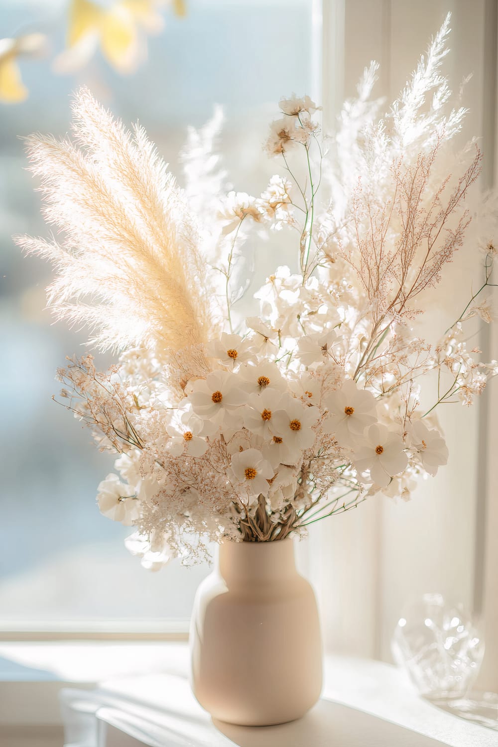 A minimalist vase filled with a mix of delicate white flowers, baby's breath, and pampas grass, sitting on a light-colored surface near a sunlit window.