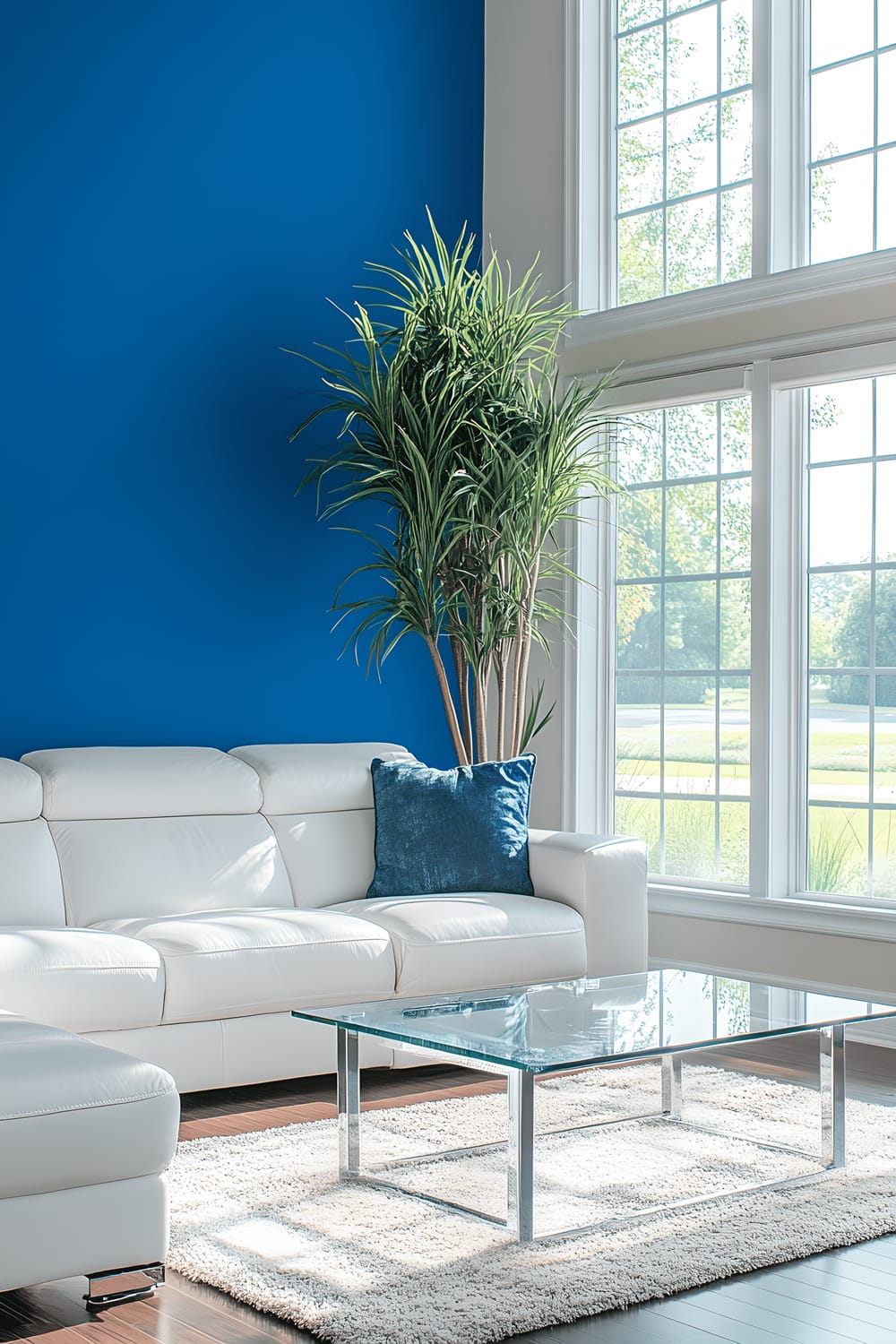 A modern, minimalistic living room bathed in natural light, featuring a cobalt blue accent wall and a white leather sectional sofa. A tall Madagascar Dragon Tree stands by a large bay window, and a sleek glass coffee table with chrome legs lies in the centre. The room's color scheme is largely monochromatic with blue and white dominating. The high contrast and the vibrant hues make the space appear fresh and welcoming.