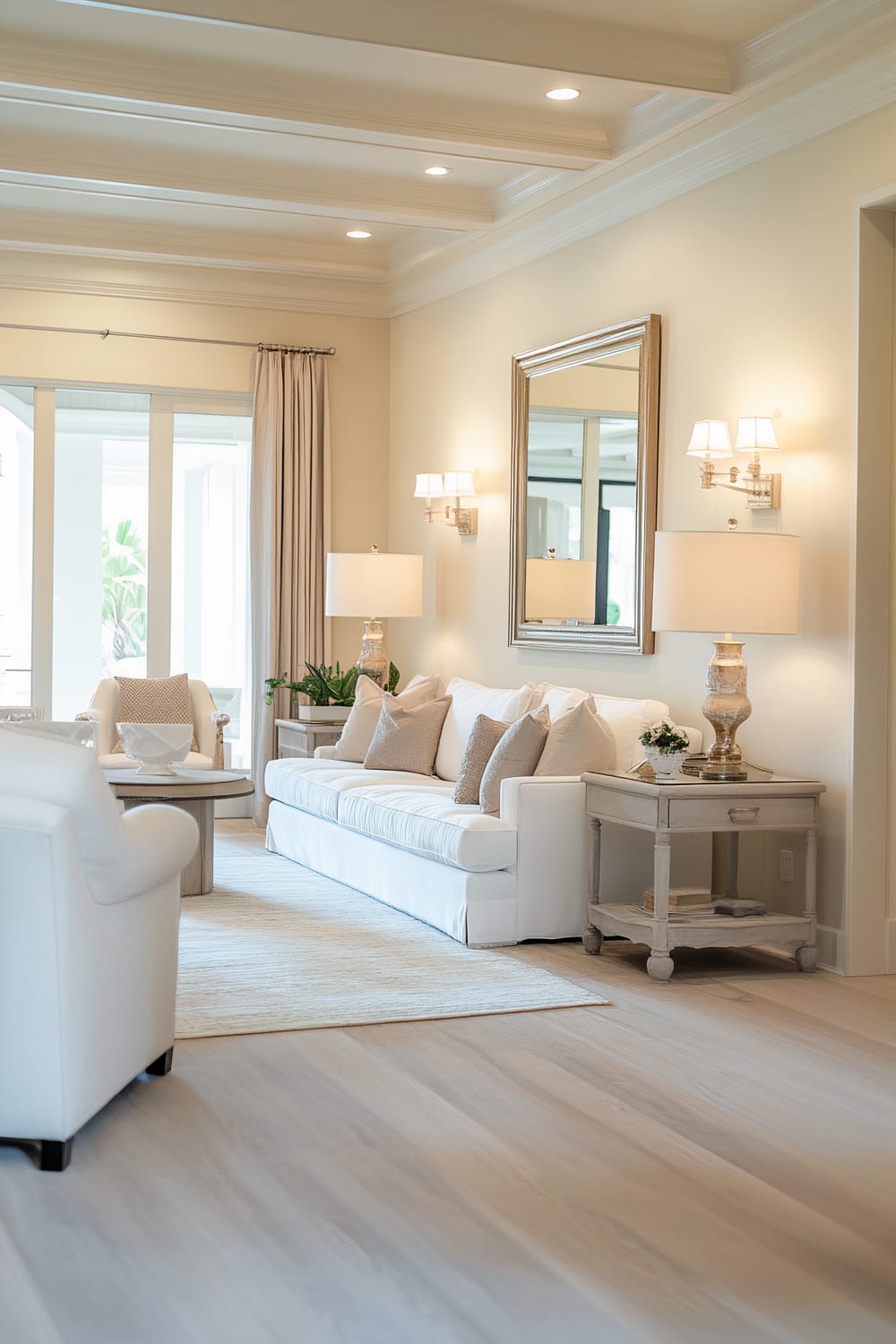 A living room featuring white and taupe furniture, with a large mirror reflecting light opposite the entrance. The room has soft lighting from wall sconces and floor lamps, and natural light from large windows with beige curtains. A white sofa with taupe pillows sits against the wall with end tables on either side, and a white armchair faces a round wooden coffee table.