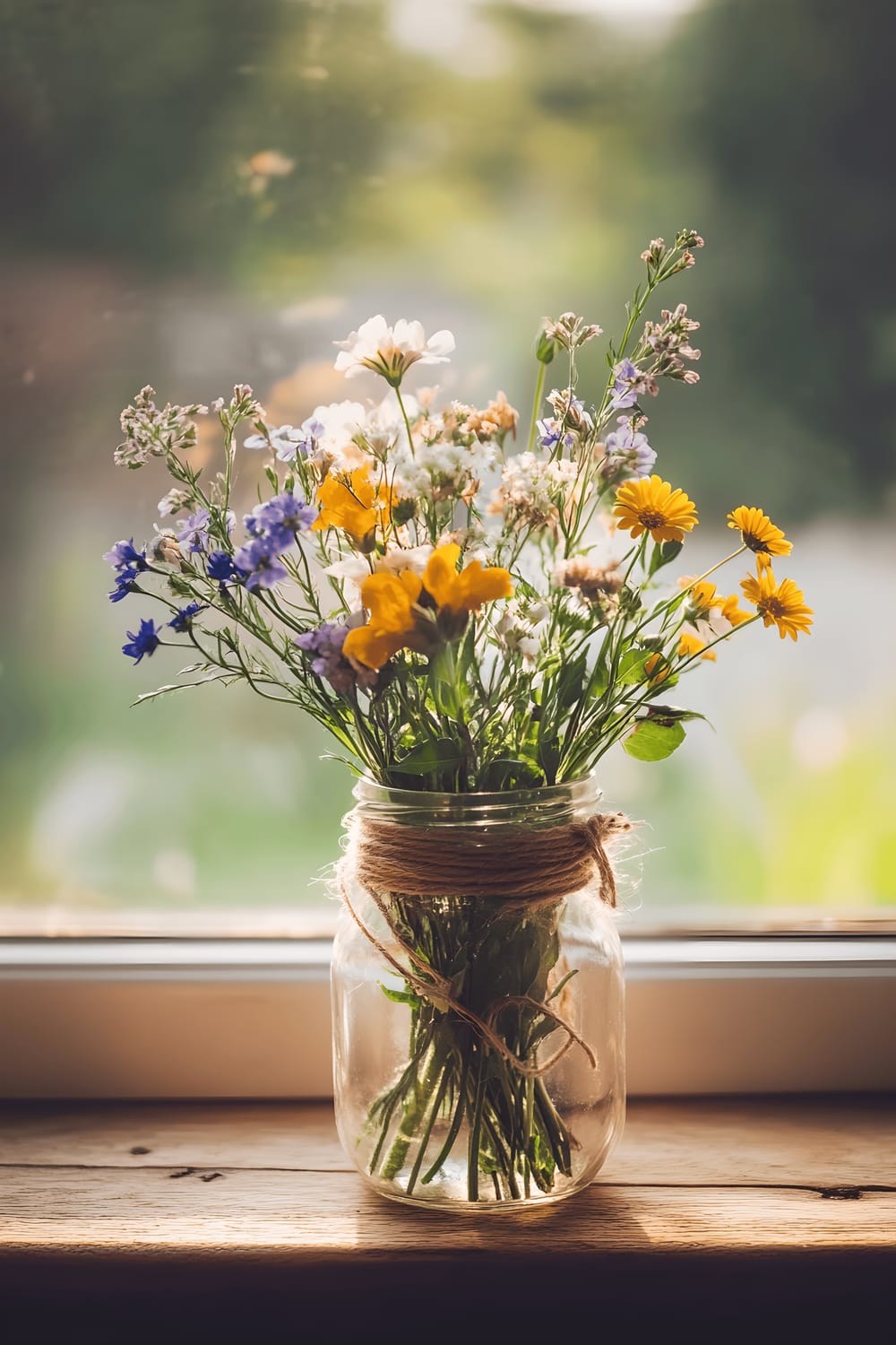 A rustic scene showcasing a vintage glass mason jar wrapped in thick twine, teeming with a vibrant assortment of wildflowers, intricately placed on a rough wooden kitchen counter. A shaft of subtle morning light filters through an unseen window, casting a warm glow across the counter while emphasising the assorted hues and intricate textures of the wildflowers.