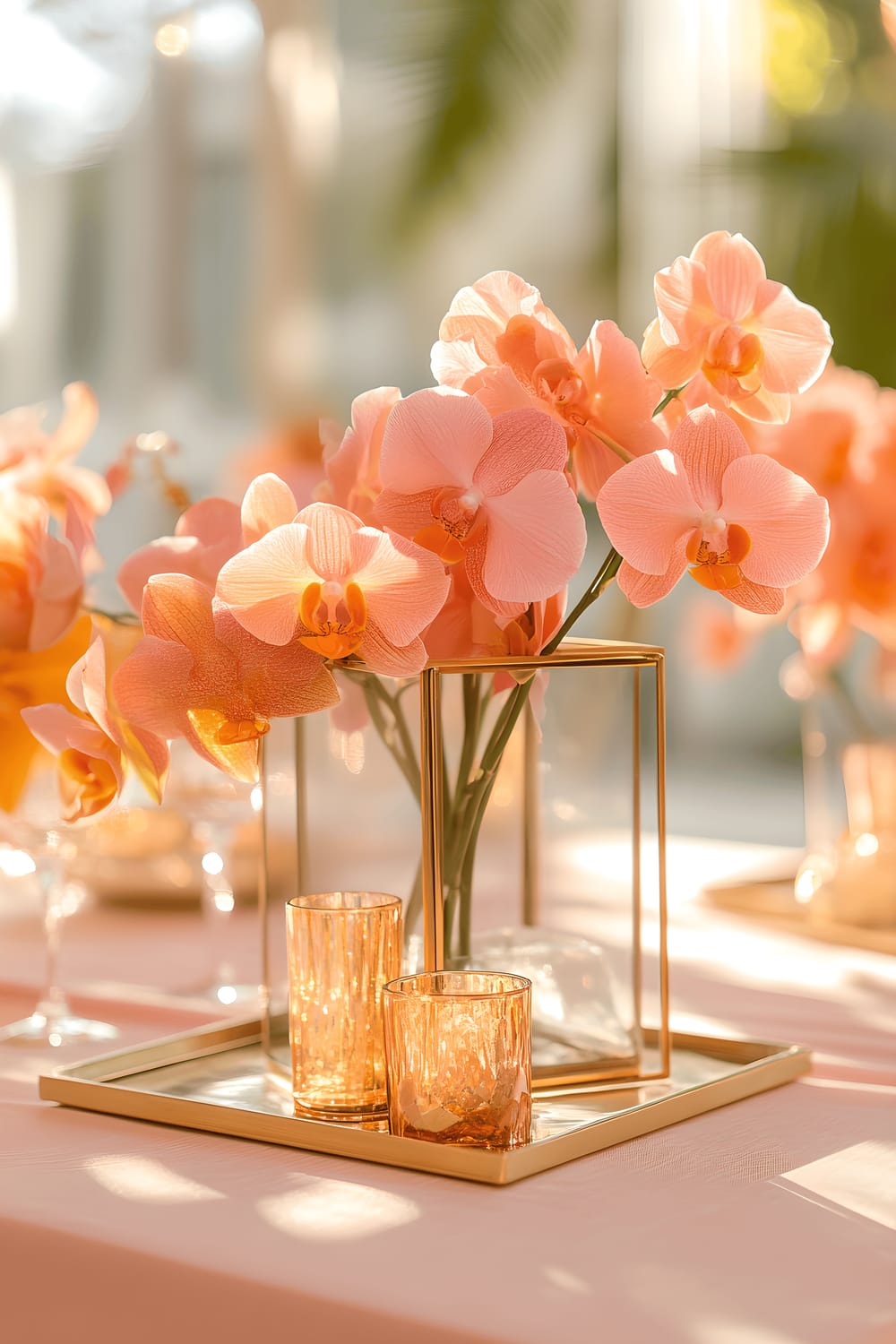 A vibrant table centerpiece on a blush tablecloth, highlighted by a brass geometric tray filled with apricot-colored orchids in a sleek, brass vase. Additional accents include small brass lanterns, apricot-glass beads, and gold leaf sprigs. The soft overhead lighting creates a warm, sunset-like ambiance enhancing the brass and apricot contrasts.