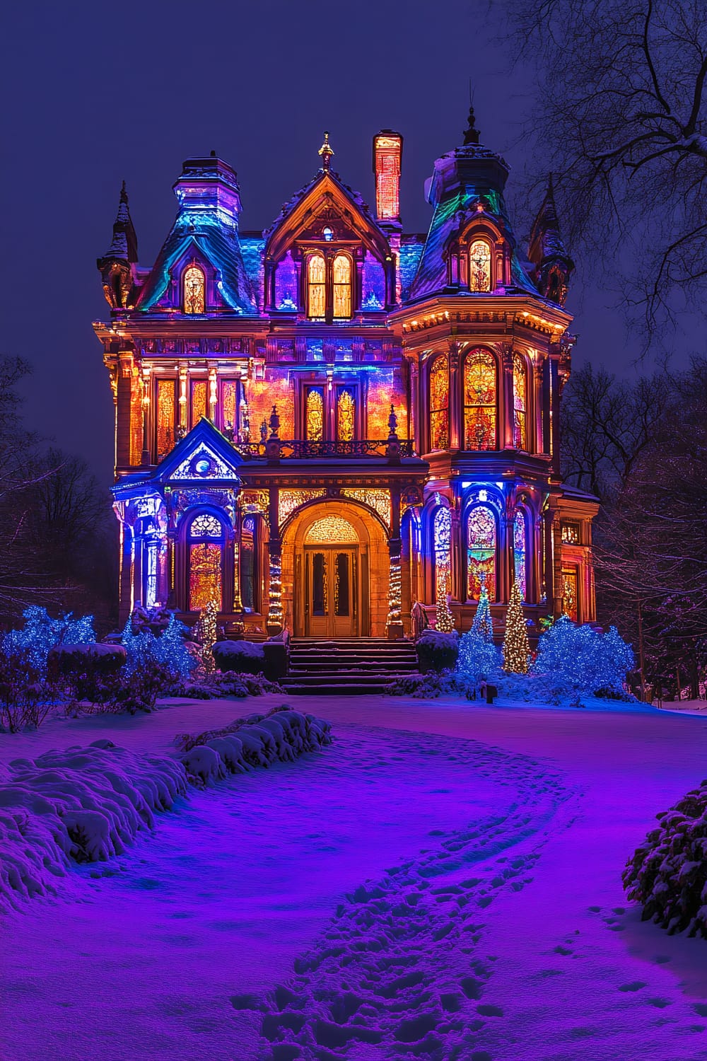 A large, Victorian-style house brightly illuminated with multicolored lights at night. The grand architecture features intricate details, arches, and multiple gables, with a focus on symmetry and decorative elements. The surrounding snowy landscape is also lit with blue and white lights, creating a vibrant and magical atmosphere. Evergreen trees decorated with lights flank the entrance, while footsteps in the snow lead up to the front door.