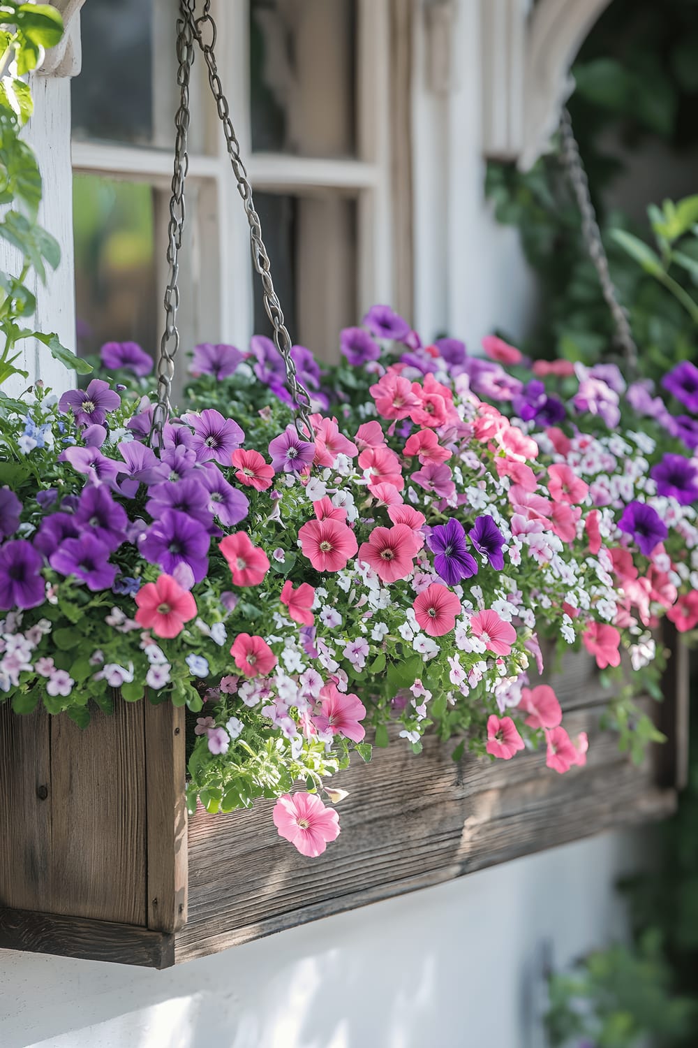 A charming wooden window box planter attached to an exterior wall, overflows with a vibrant mix of Trailing Lobelia, Double Impatiens, Wave Petunias, and Sweet Alyssum flowers. The blossoms cascade in a romantic display of soft pinks, purples and whites, highlighted by morning dew sparkling on their petals.