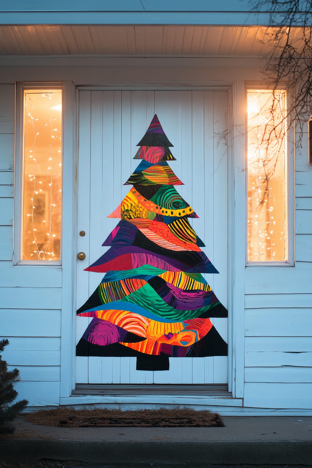 A large, hand-painted wooden Christmas tree silhouette with vibrant multi-colored patterns is displayed on a minimalist white porch door. The scene is brightly illuminated from the front, highlighting the intricate and colorful designs of the tree. Surrounding the door are windows with warm lights, adding a festive ambience.