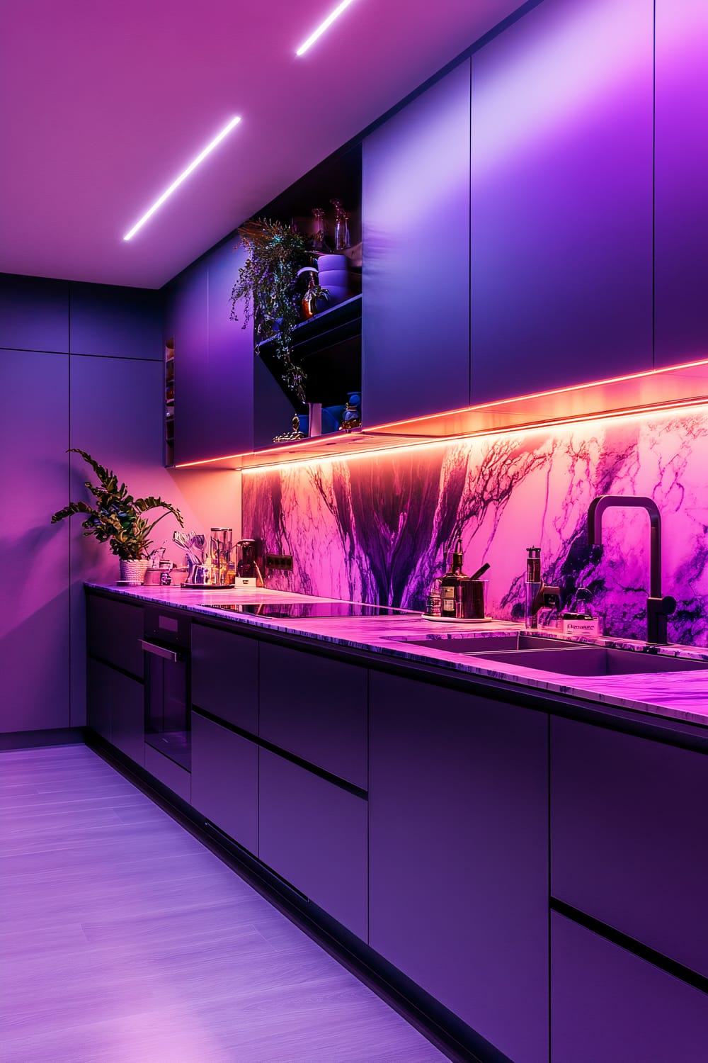 A modern kitchen with color-changing cabinets and ambient lighting. The cabinets are sleek and minimalist, shifting between pink and purple hues. The backsplash features a dynamic purple and white marbled design, illuminated by pink under-cabinet lighting. The kitchen has integrated appliances and a marbled countertop, with potted plants and neatly arranged utensils adding a touch of greenery and functionality.