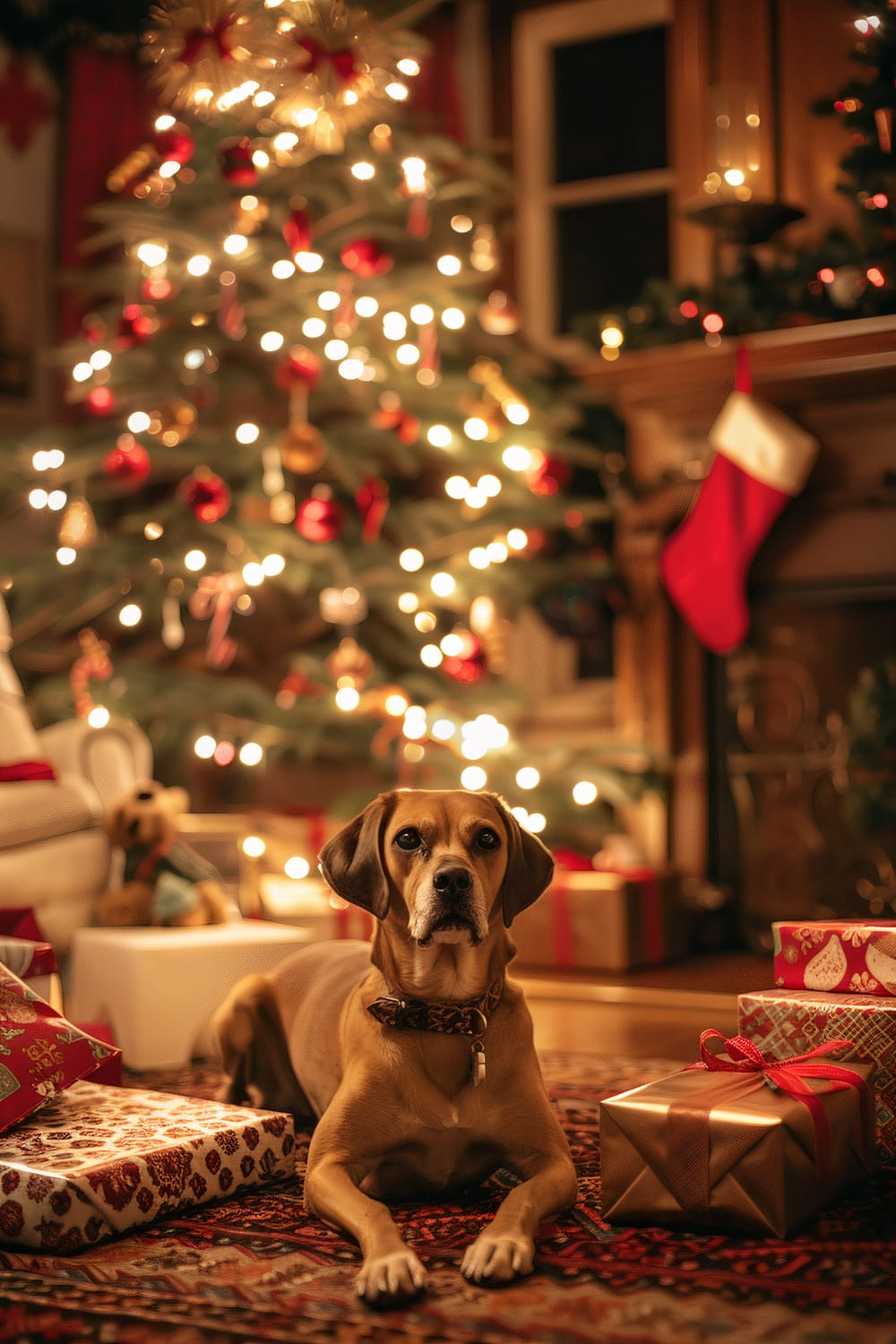 A warm, festive living room is adorned with a beautifully decorated and lit Christmas tree. In front of the tree, a dog sits attentively on an intricate, patterned carpet surrounded by wrapped gifts. The fireplace in the background is draped with a Christmas stocking, enhancing the holiday atmosphere.