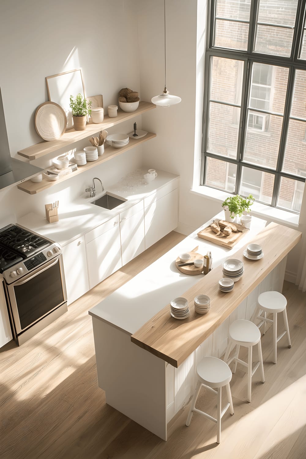 An overhead view of a Scandinavian-inspired kitchen in an apartment, featuring a centrally placed light oak island with three white bar stools tucked underneath. The kitchen has pristine white cabinets, matte black appliances integrated into the design, and open shelving above the countertop where neatly arranged ceramic dishes are displayed. The room is bathed in natural light streaming in from dual windows.